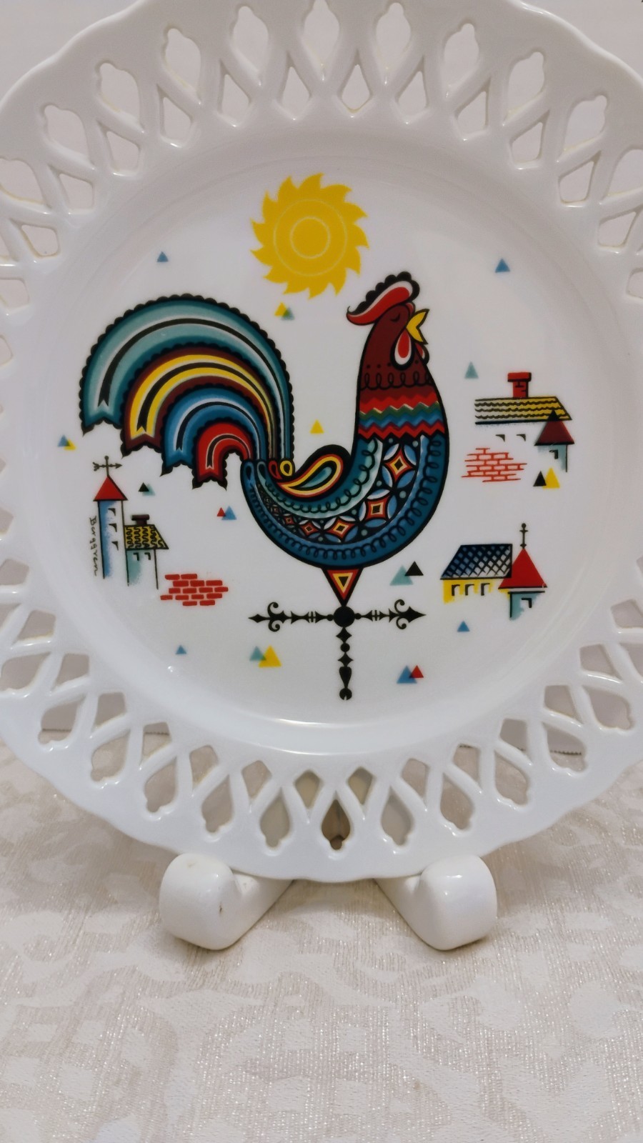 Vintage MCM Berggren Trayner Lattice Edge Wall Plate Rooster Weathervane
