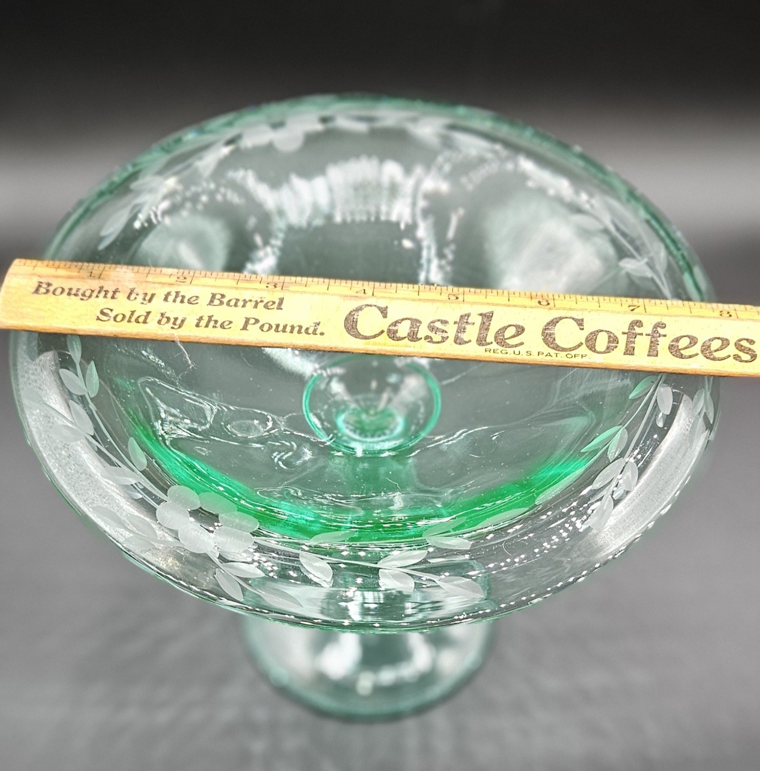 Green Depression Etched Vaseline Uranium Candy Dish Glass Pedestal Compote