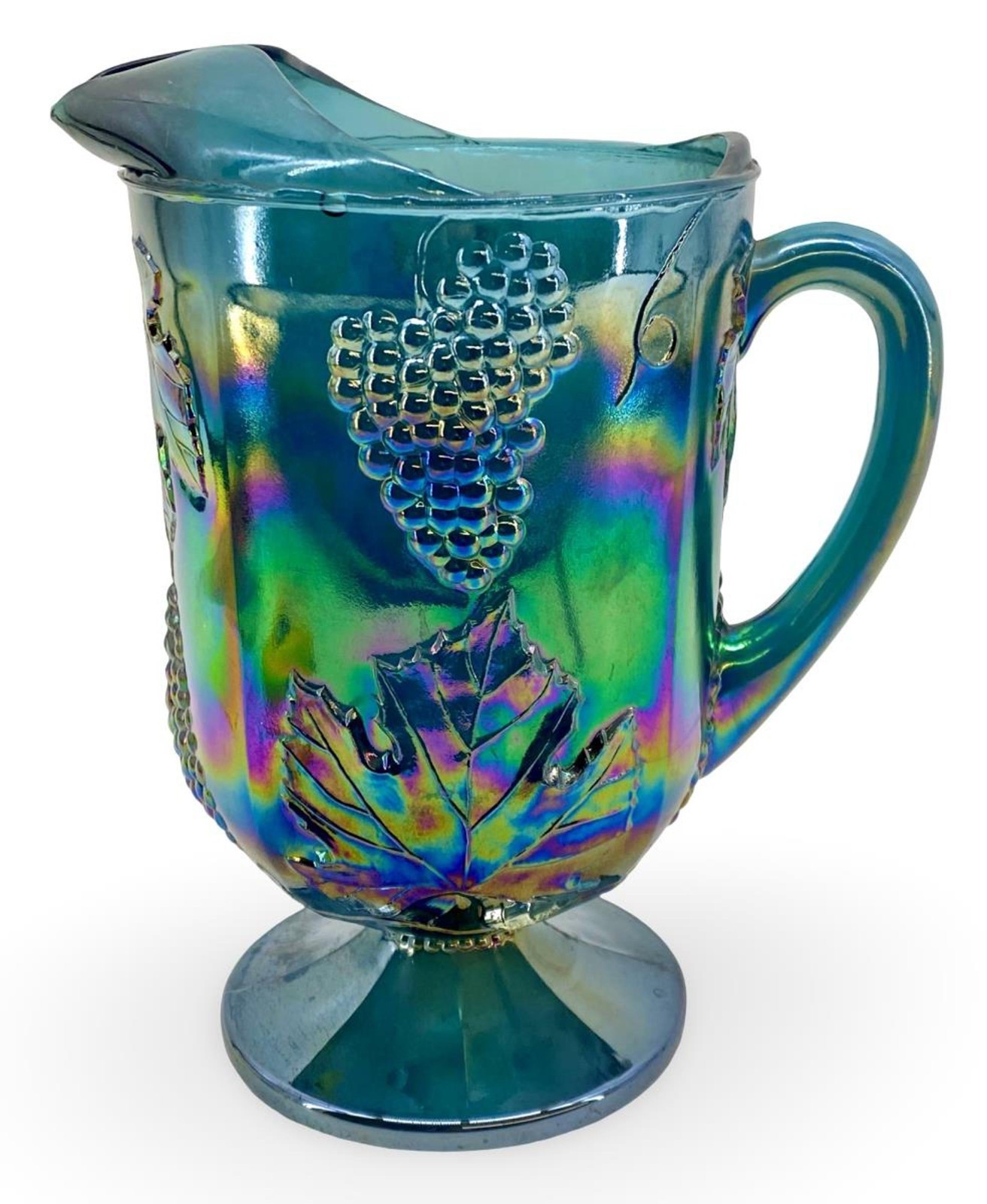 Vintage Glass Blue Carnival Harvest Grape Pitcher & 4 Tumblers Iridescent 70s