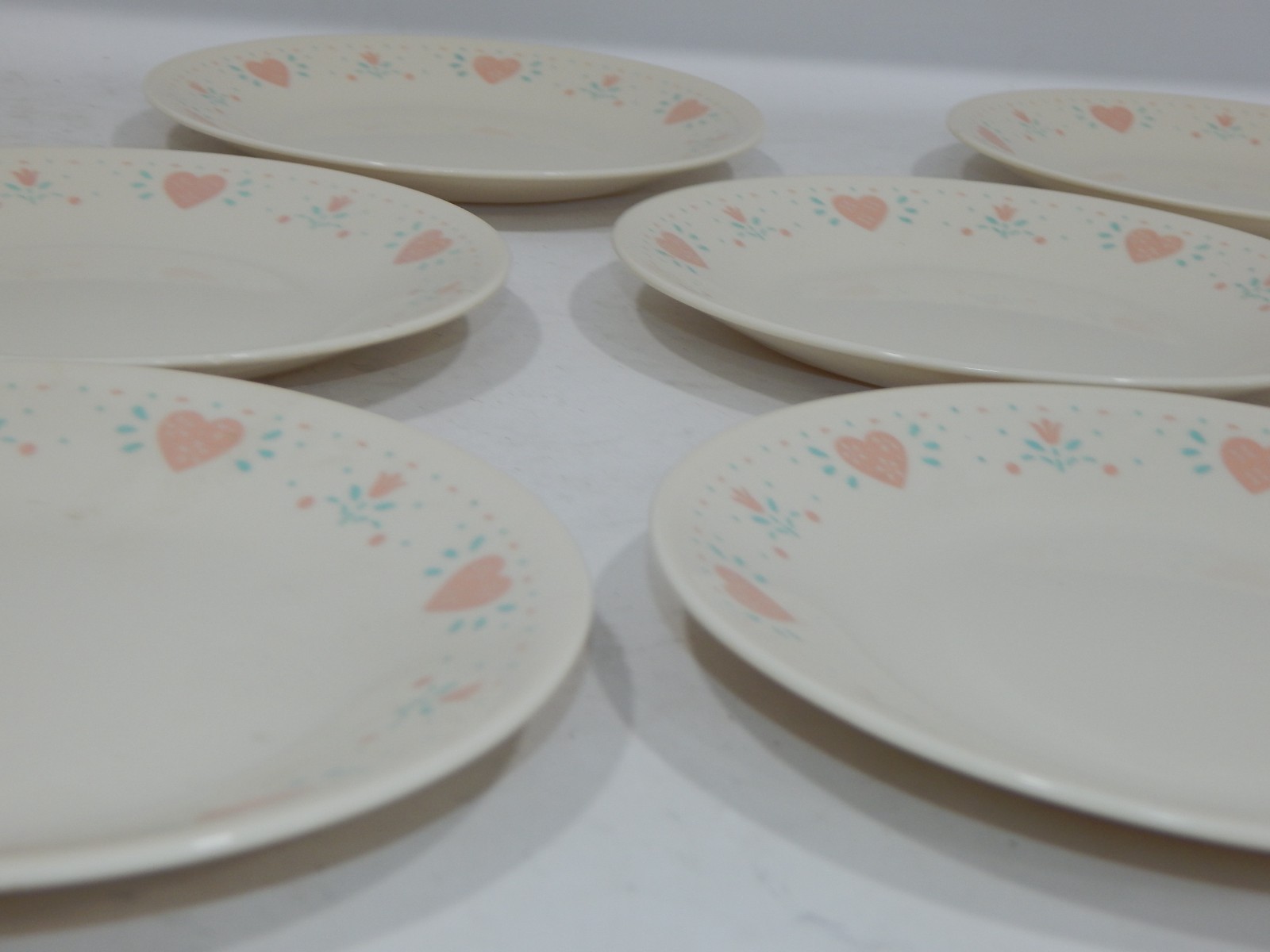 Vtg Set of 7 Corelle Corning Ware Pink Hearts Dessert Plates 6.75″ Forever Yours