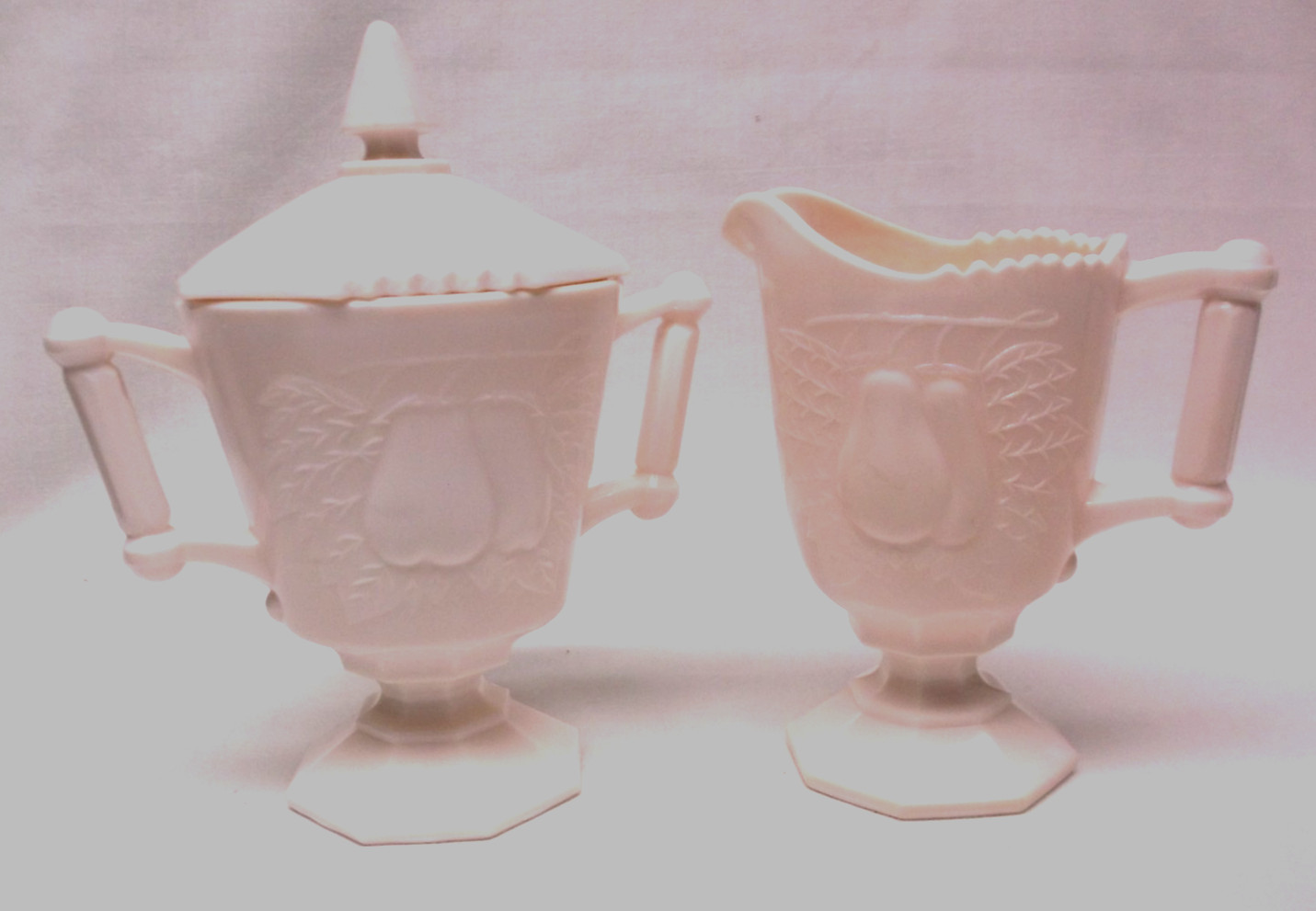 Jeannette Pink Milk Glass Baltimore Pear Creamer and Lidded Sugar Bowl