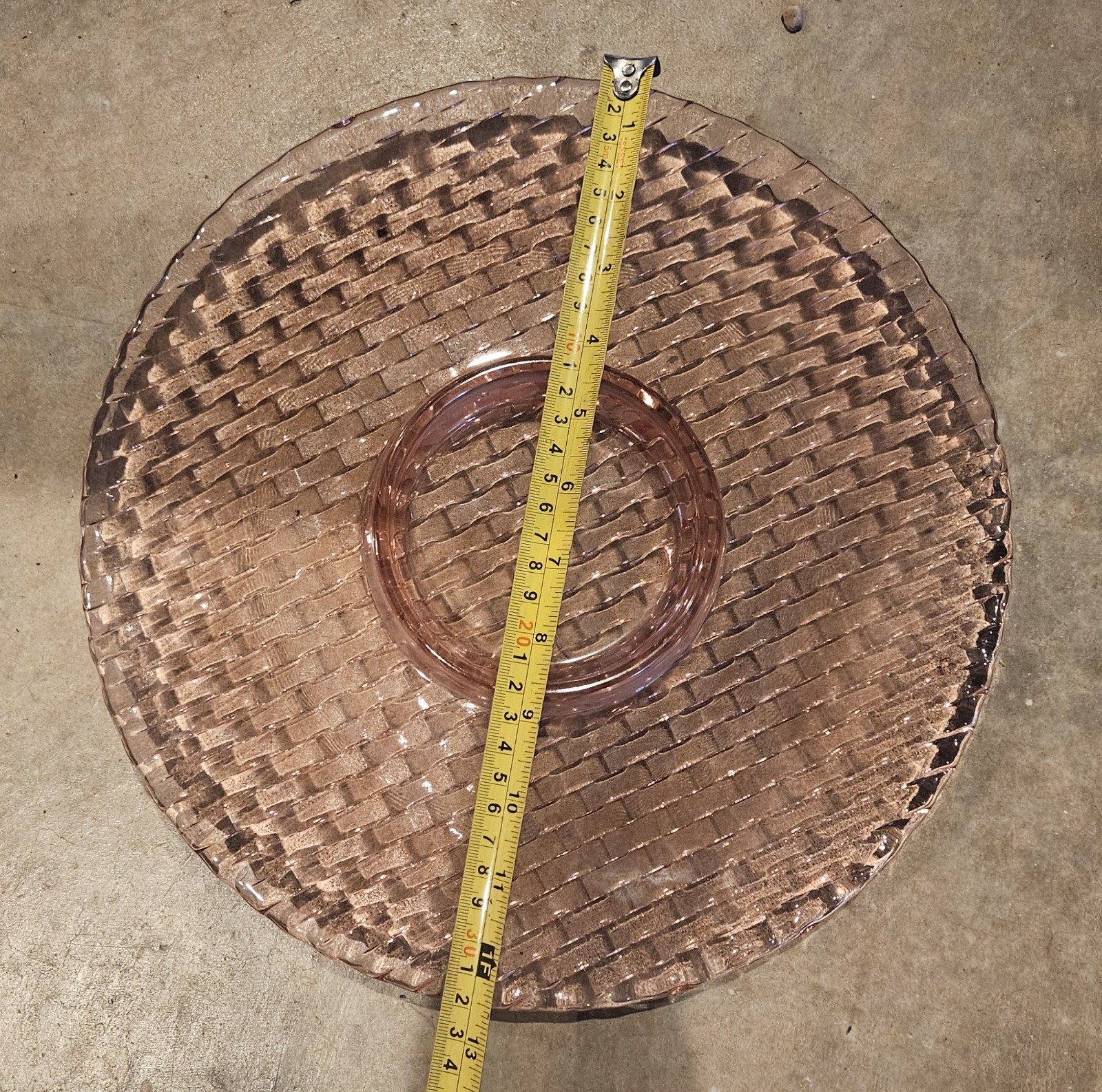 13″ Round Pink Depression Glass w/ Diamond Quilted pattern. By Imperial Glass Co