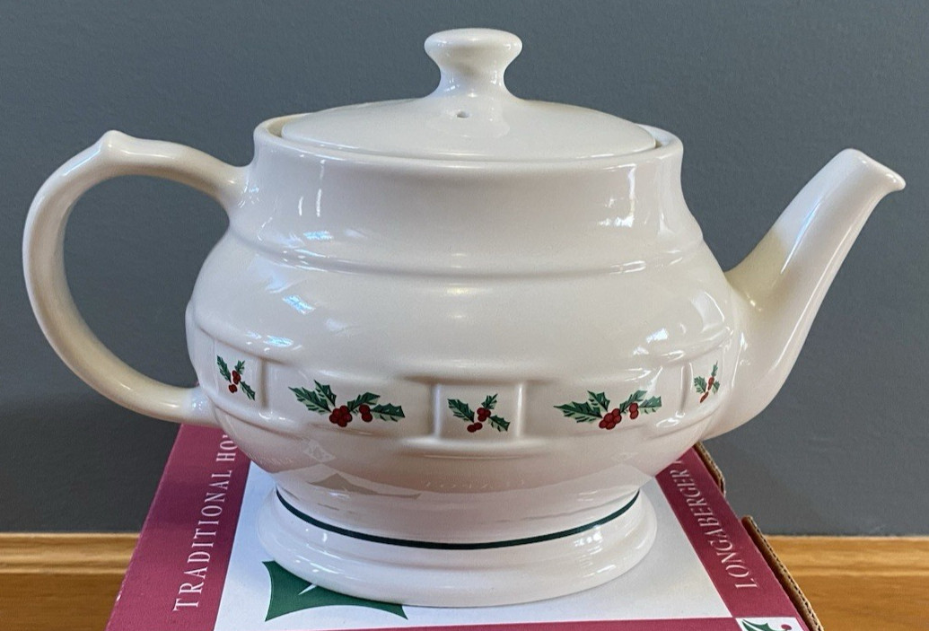 Longaberger Pottery Traditional Holly Christmas Teapot Tea Pot 31615 1997 New