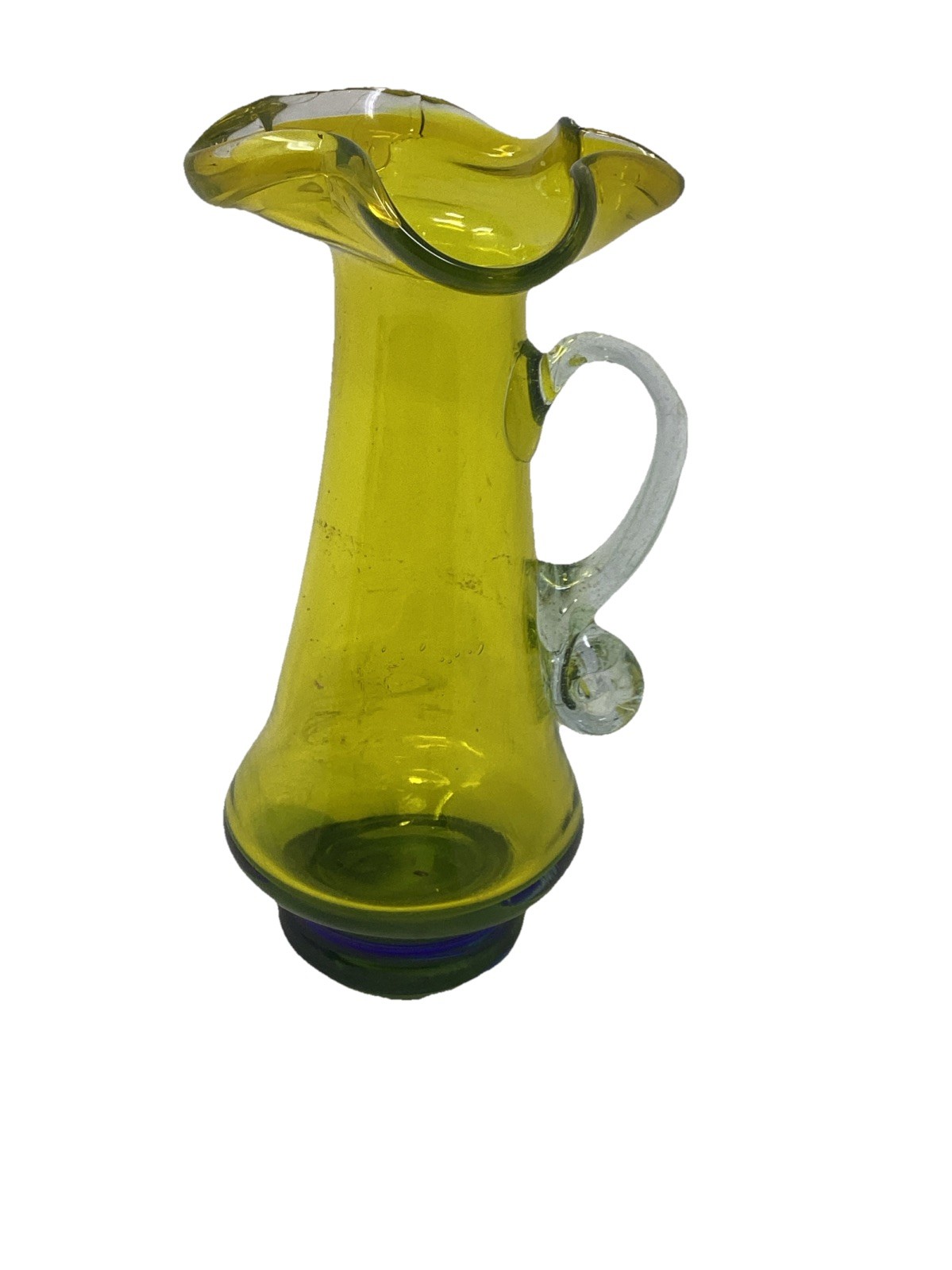 Vtg MCM Yellow Glass Small Pitcher Clear Handle Cobalt Blue Base 6”