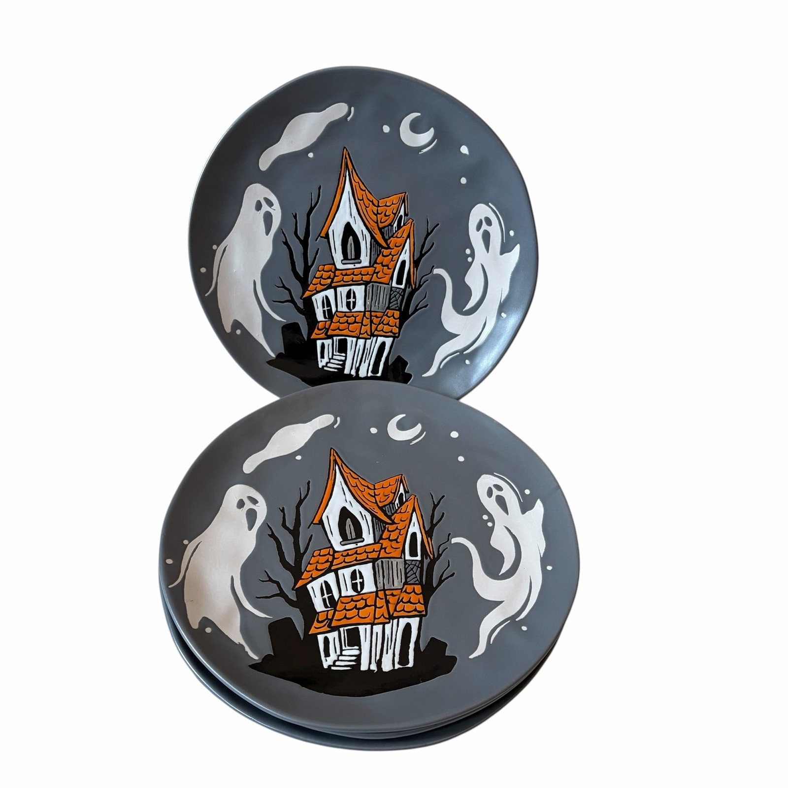 Eli + Ana Halloween Ghost Dinner Plates 11in Haunted House Set of 4 Ceramic NEW