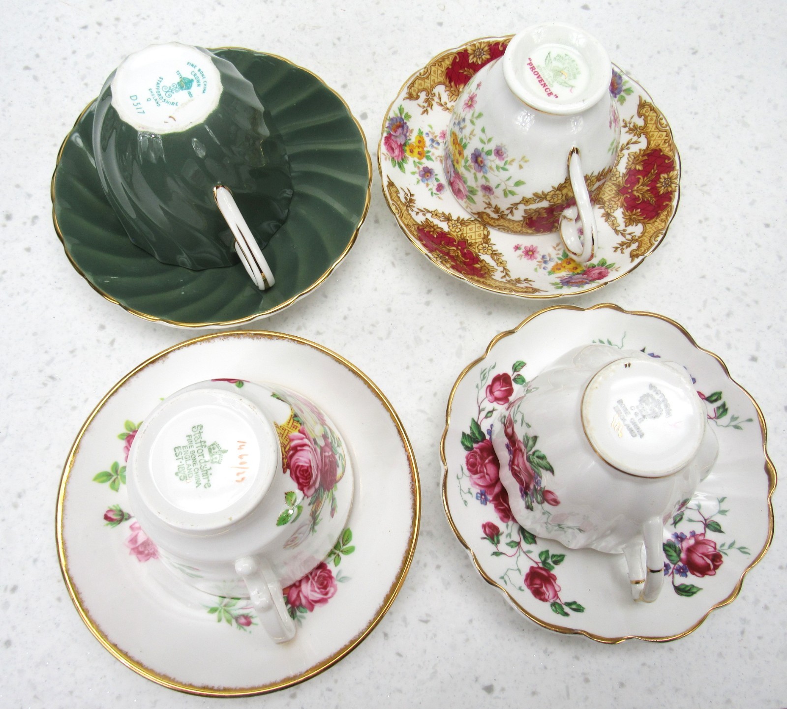 Vintage Lot of 4 Mixed Teacups Saucers Staffordshire Tuscan Victoria bone china
