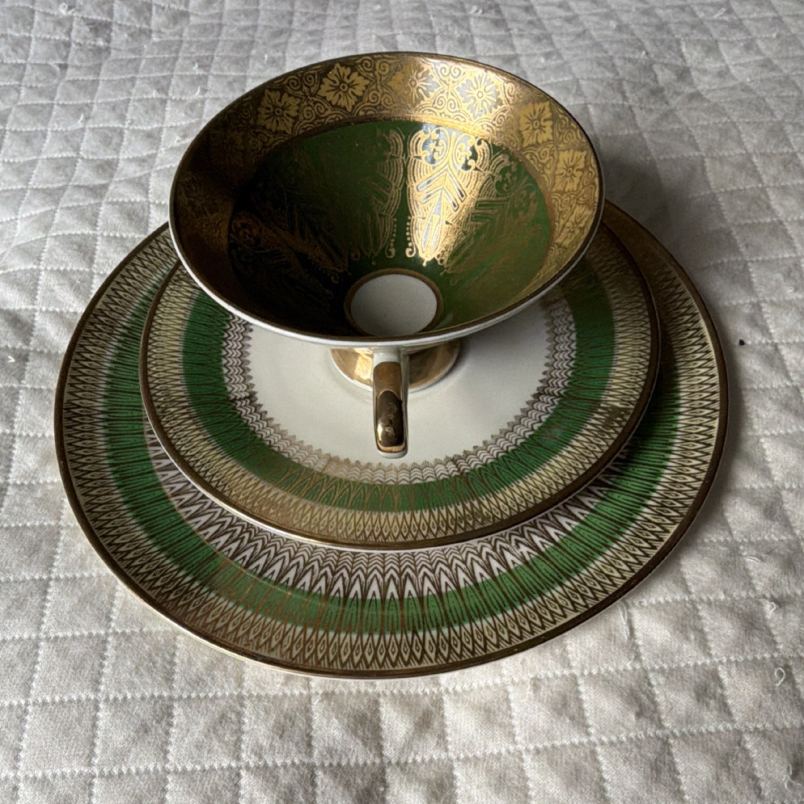 Vintage Mitterteich Bavaria Emerald Green Gold Gilt Tea Trio Germany