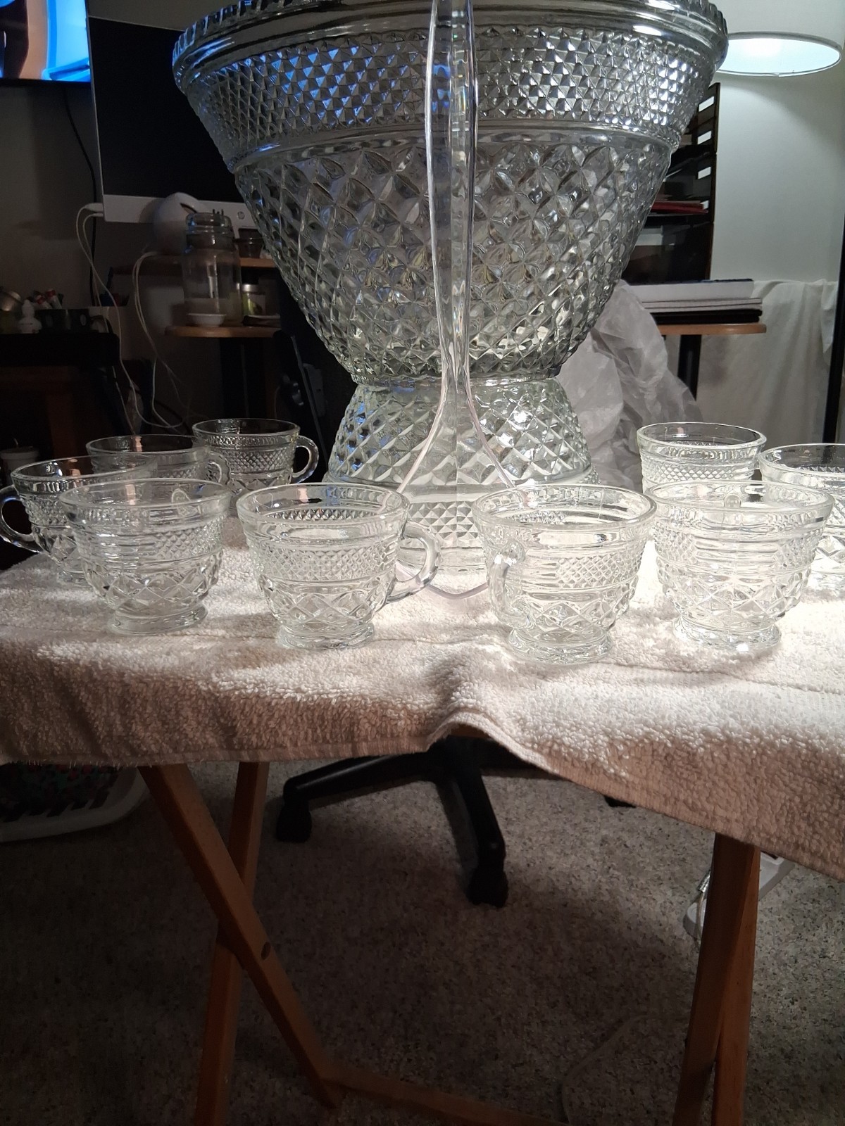Vintage Anchor Hocking Wexford Glass Punch Bowl & Stand