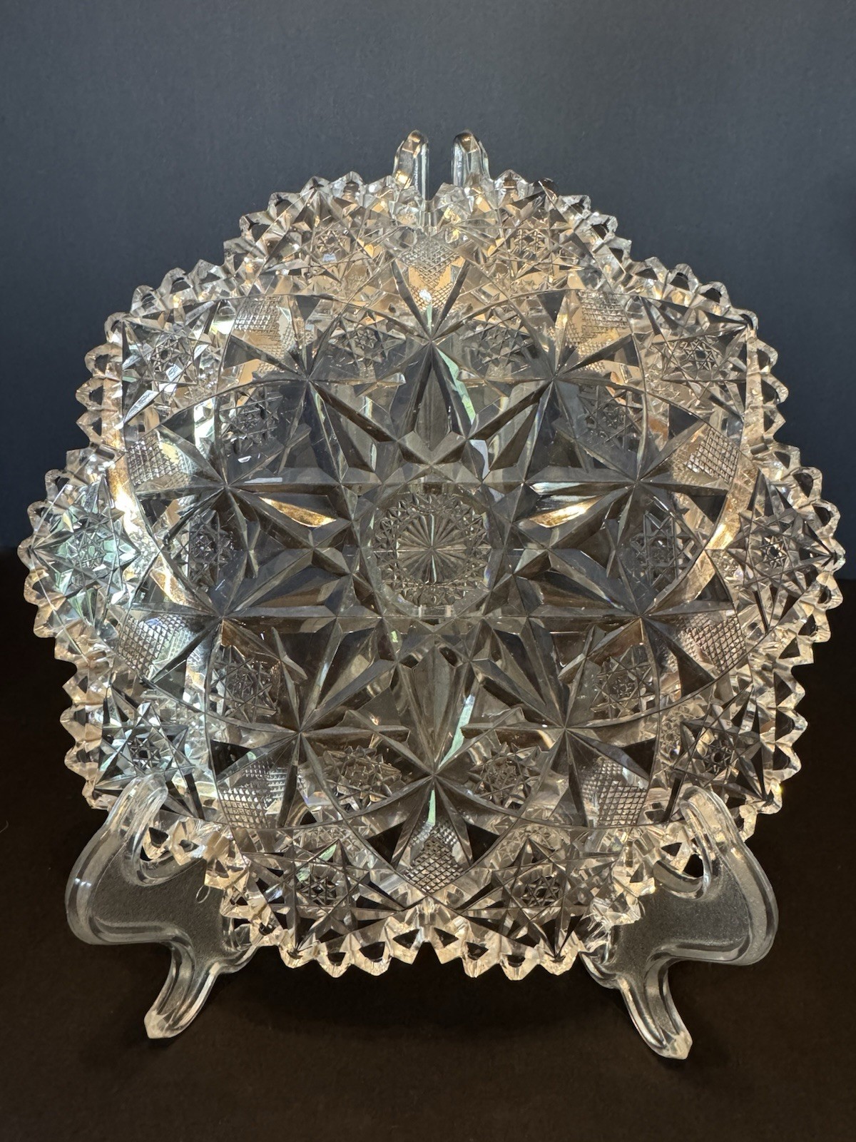 Antique American Brilliant Crystal Glass Cut Pedestal And Plate