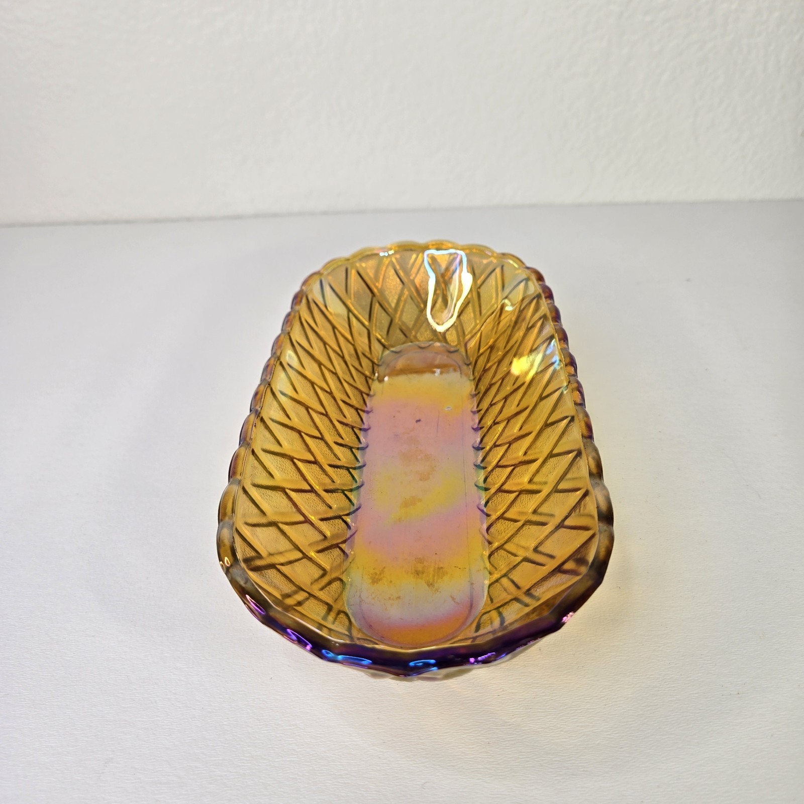 Vintage INDIANA Glass Amber Marigold Oblong Basket Weave Pattern Relish Dish