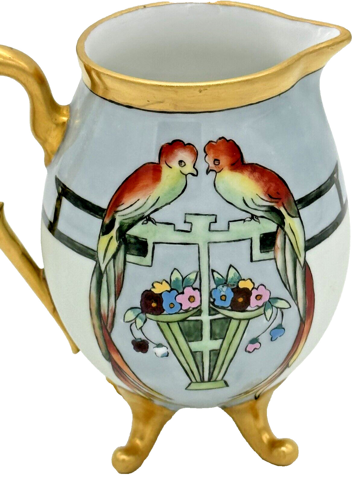 Vintage Bavarian Footed Floral Peacock Pitcher Creamer Gold Trim 4.25″ High