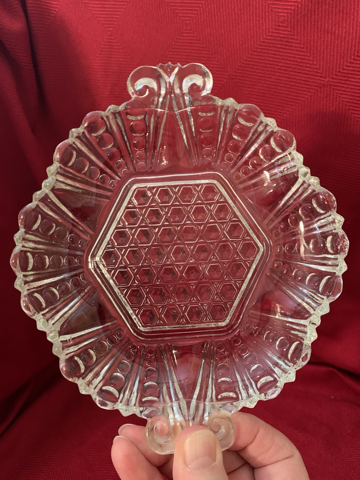 Anchor Hocking Clear Glass Vintage Dish with Hexagon and Dot & Cane Pattern 7.5”