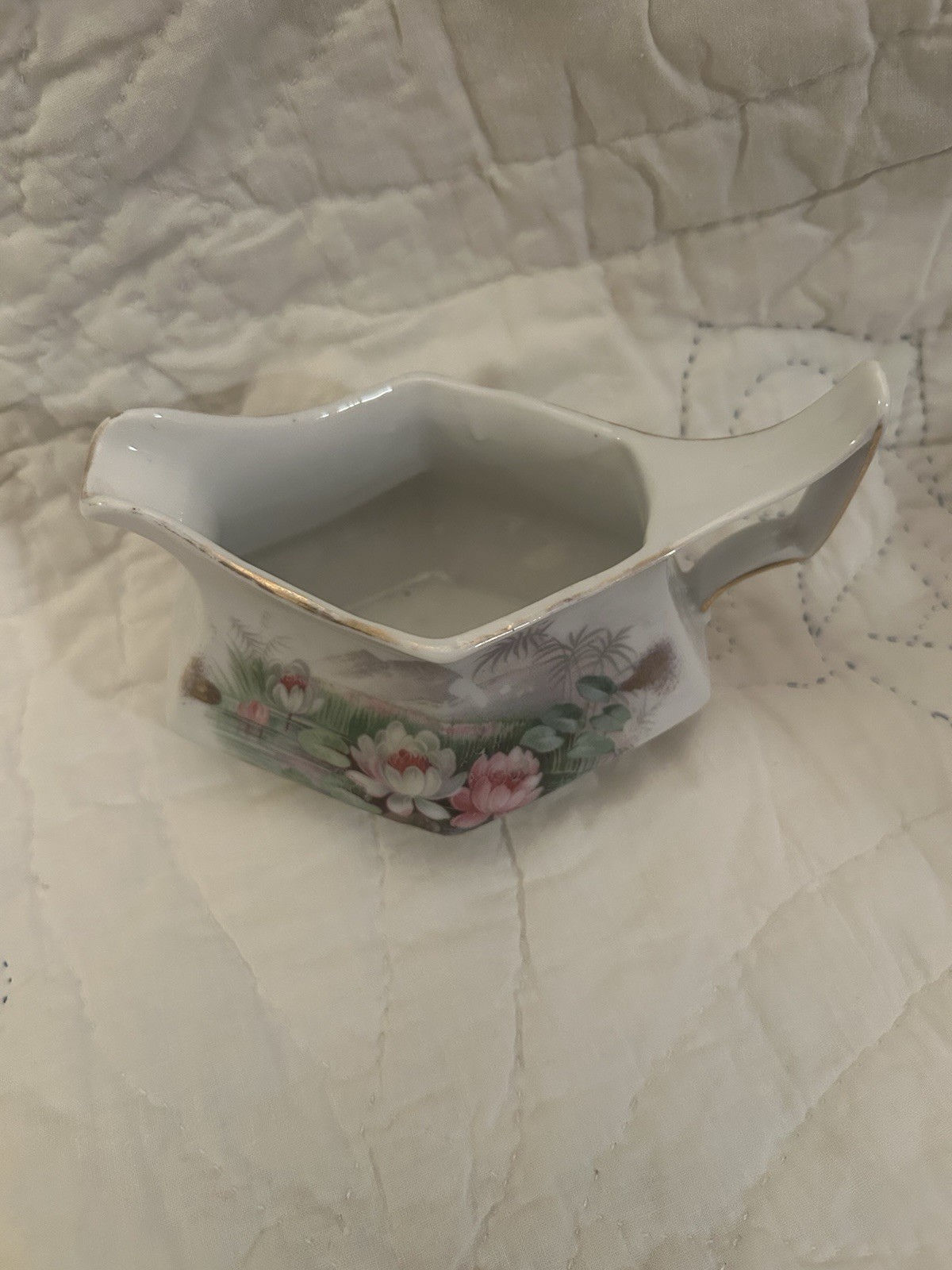 Porcelain Floral Gravy Boat, Hexagon Shape, White Pink Green, 6 in Glossy