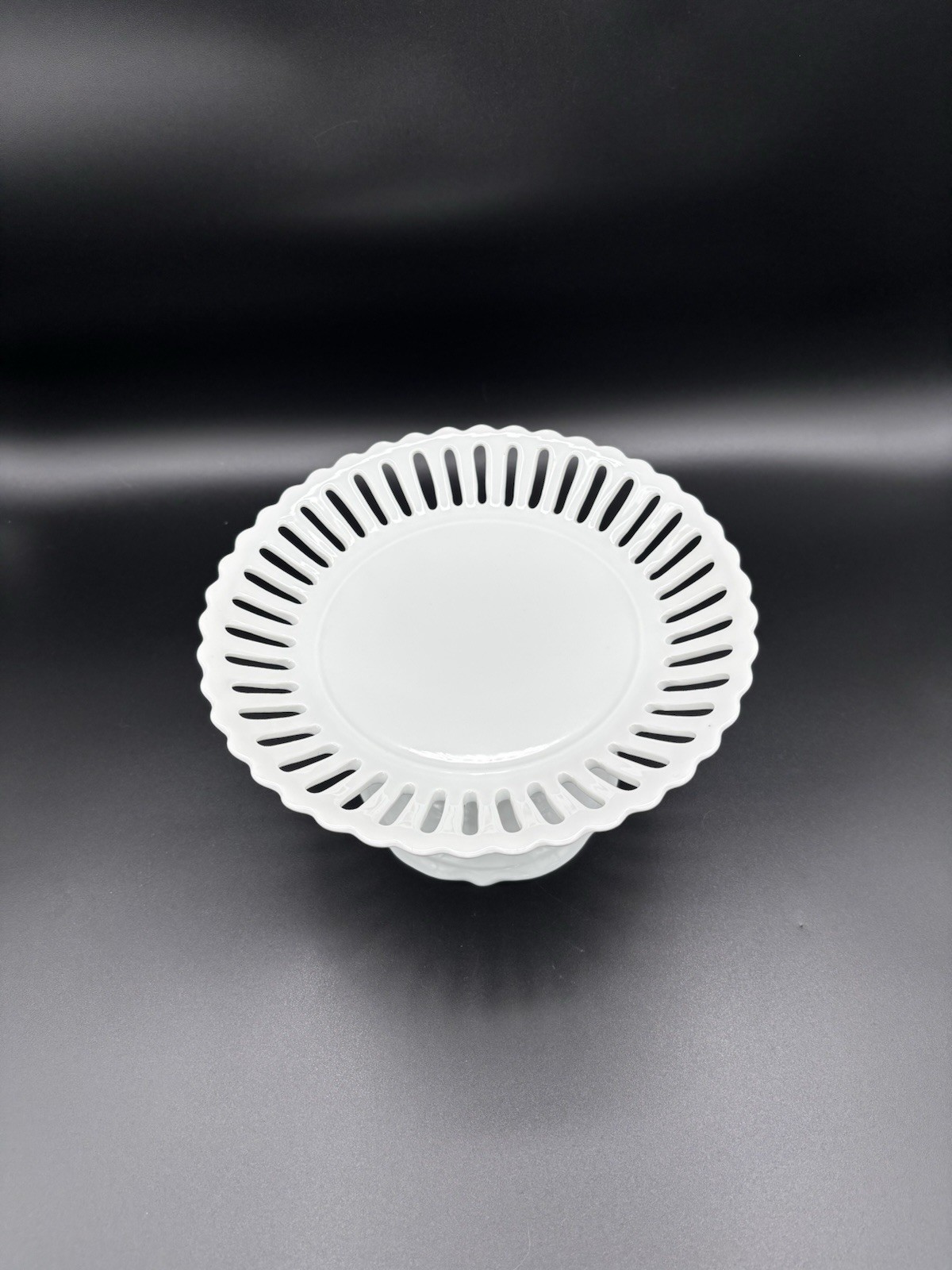 Two’s Company White Ceramic 7.75 x4.5” Cake Pie Dessert Stand Perforated Banding