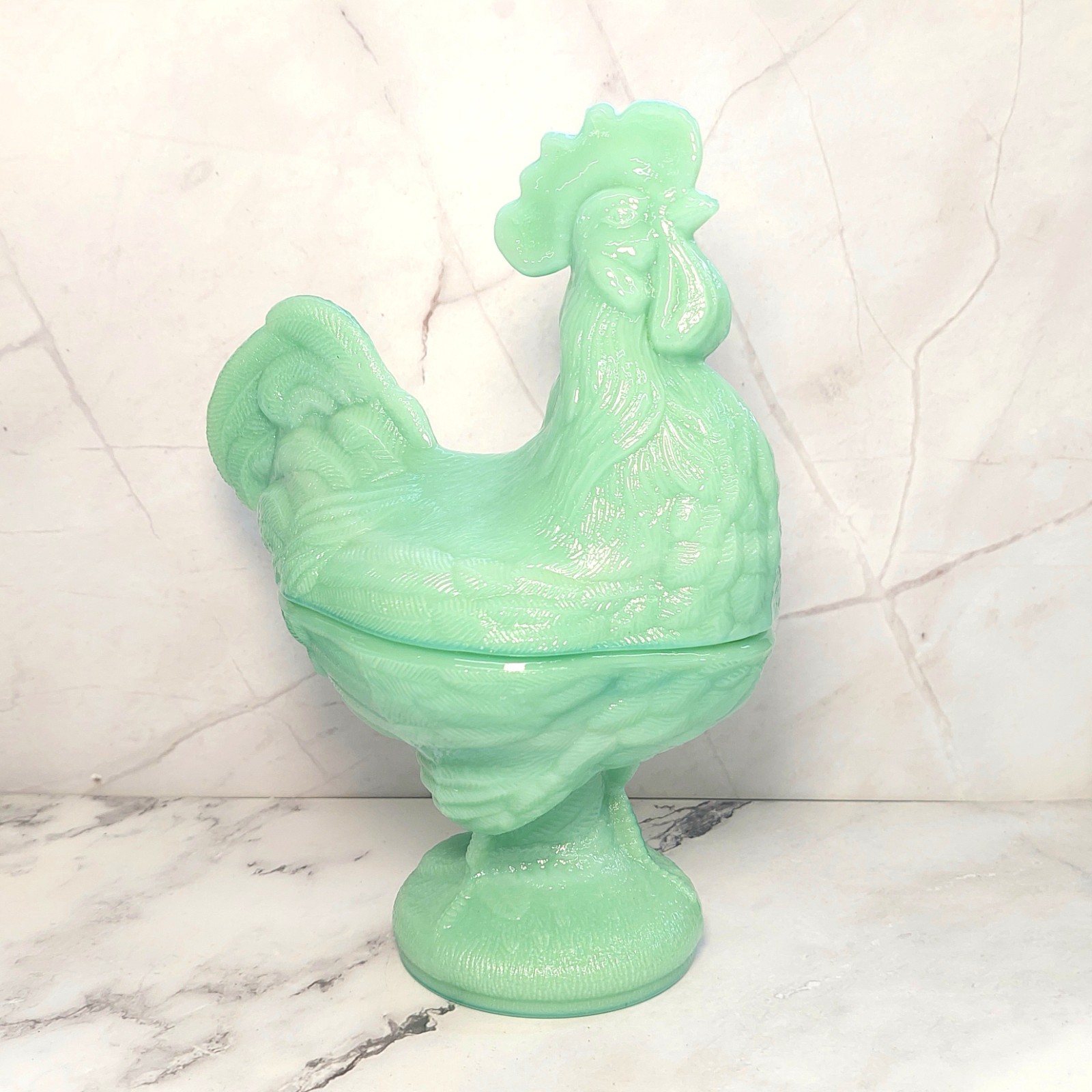 Green Jadeite Depression Style Glass Rooster Chicken Candy Dish, Hen on Nest