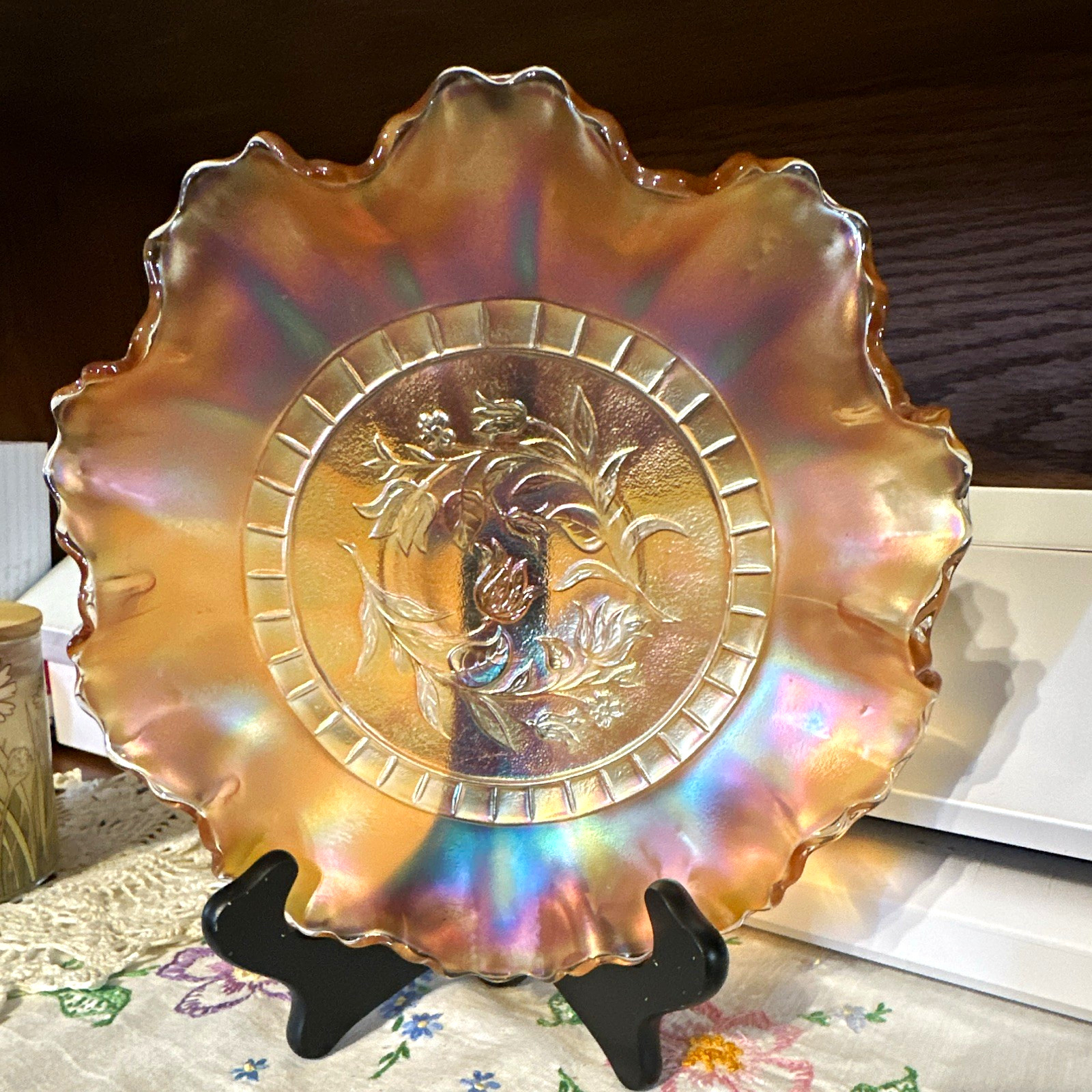 Marigold Iridescent Carnival Glass Ruffled Edge Floral Round Decorative Plate