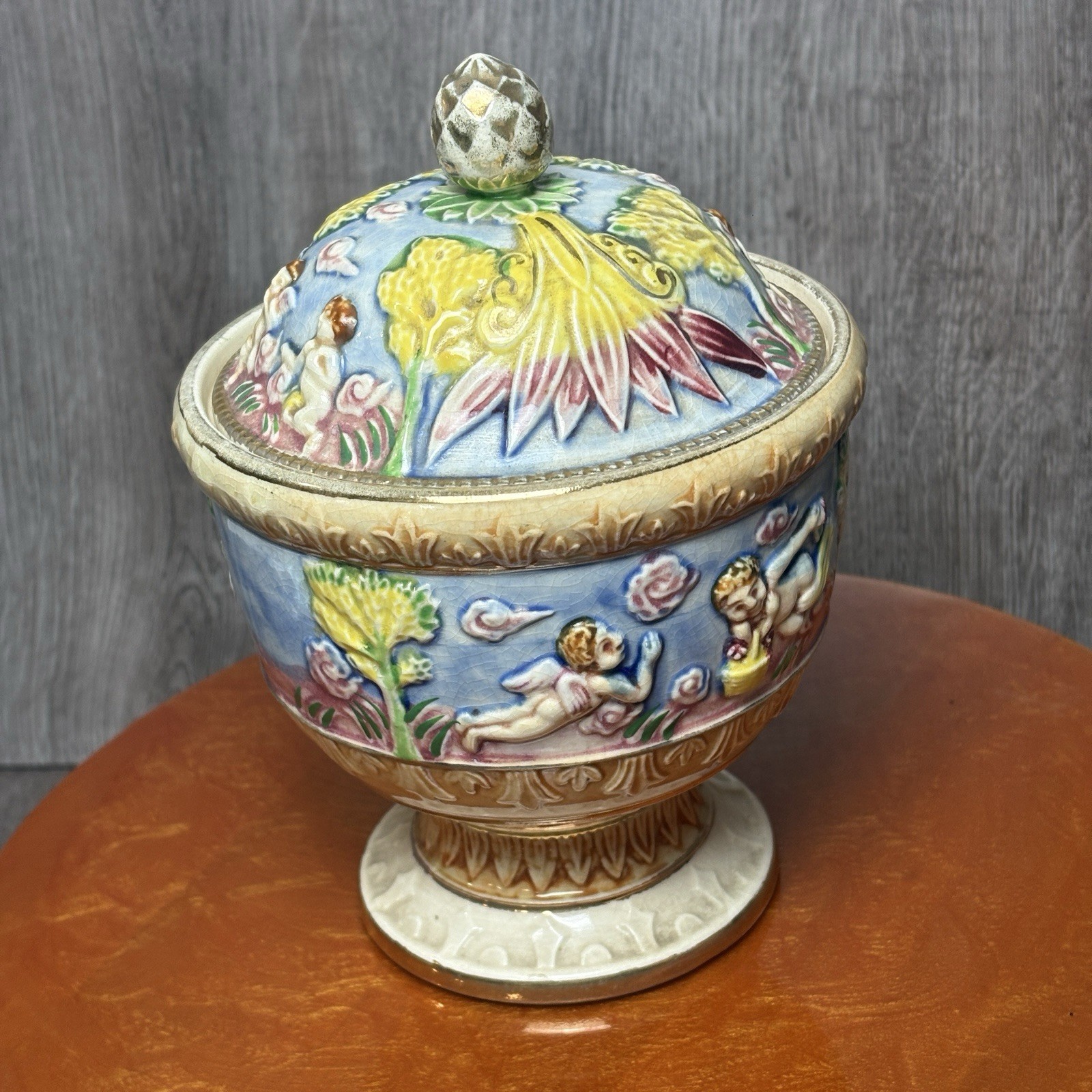 Vtg Japan Lidded Candy Dish Capodimonte Style Pedestal Angels Cerubs Crazing