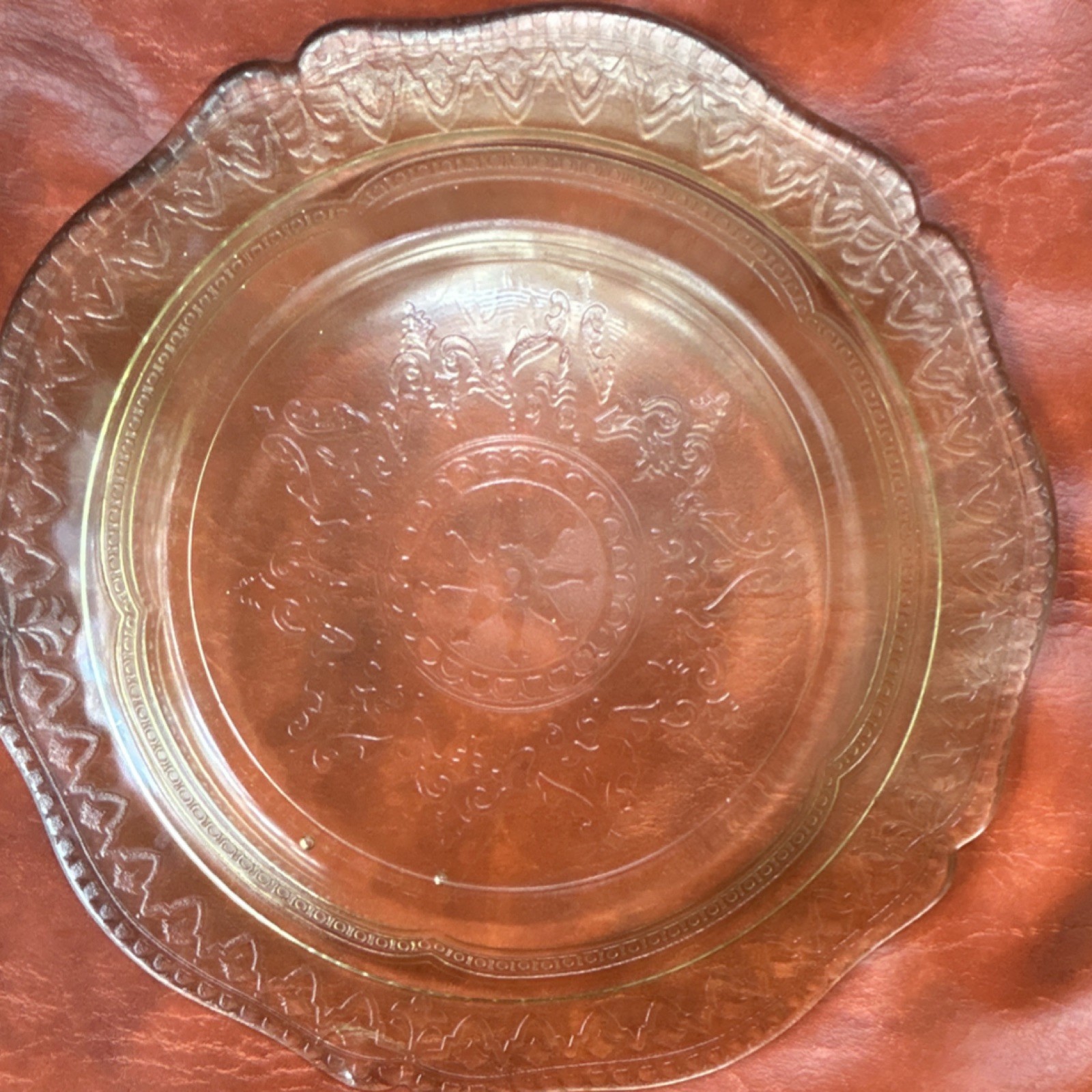 Clear Pressed Glass Floral Round Plate, Embossed Center, Scalloped Rim