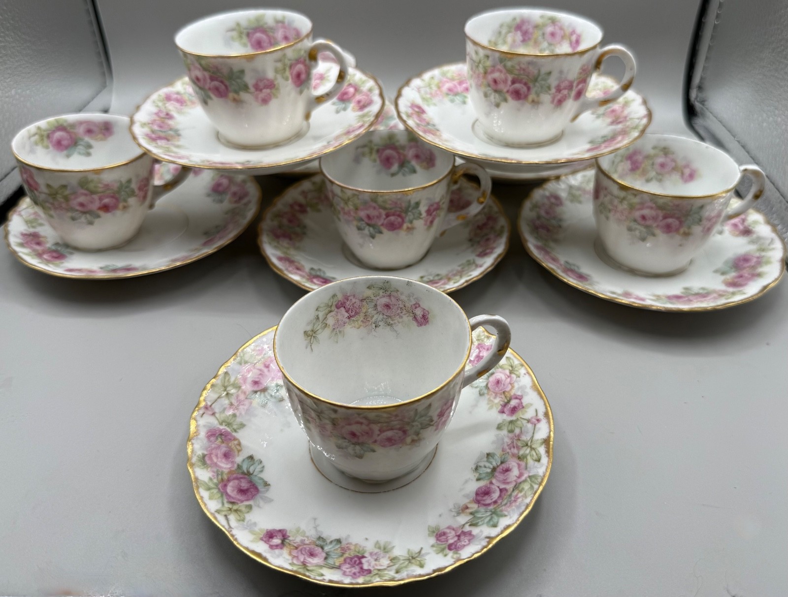 ANTIQUE LIMOGES DEMITASSE SET CUP SAUCER 16PC PINK ROSE FLOWER GARLAND FRANCE