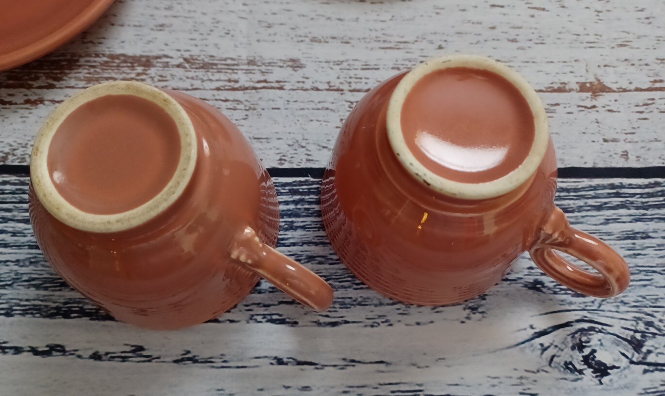 PAIR-VINTAGE HLC FIESTA 1950-1959 ROSE TEACUPS & SAUCERS EXCELLENT CONDITION