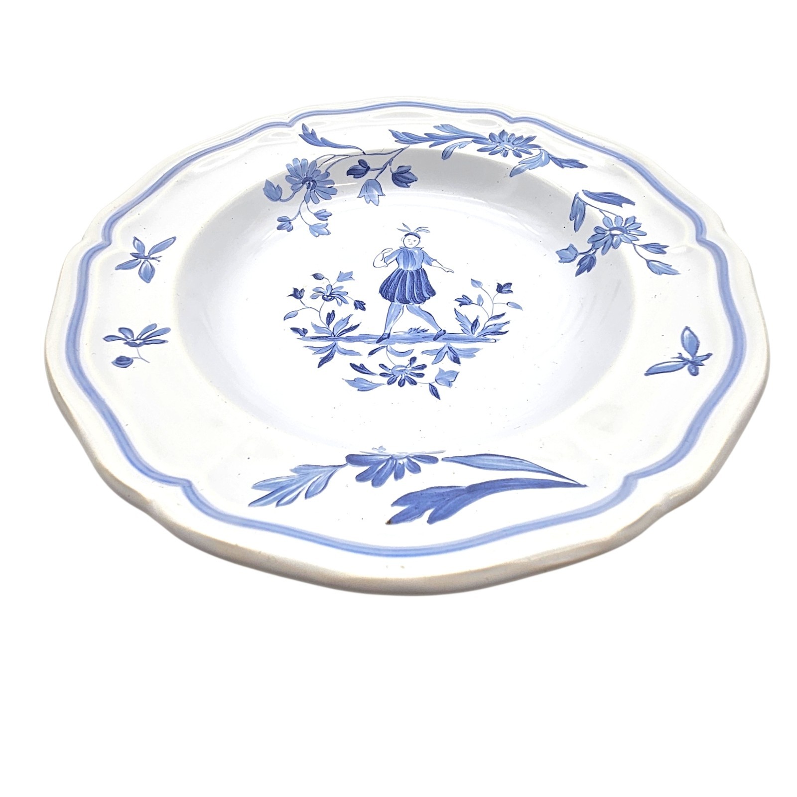 VTG Longchamp France Moustiers Blue Rim Soup Round Bowl Porcelain Floral 9″