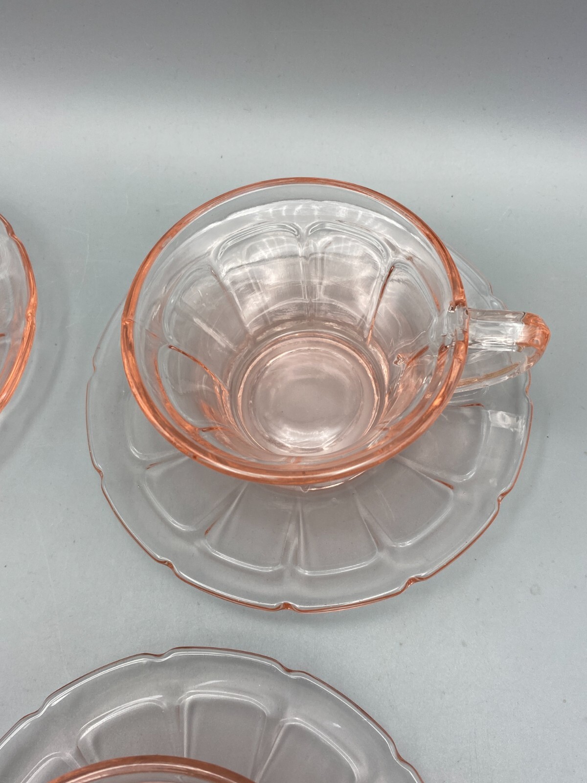 4x VTG Diamond Glass Co. VICTORY Pink Depression Glass Teacup & Saucer Set