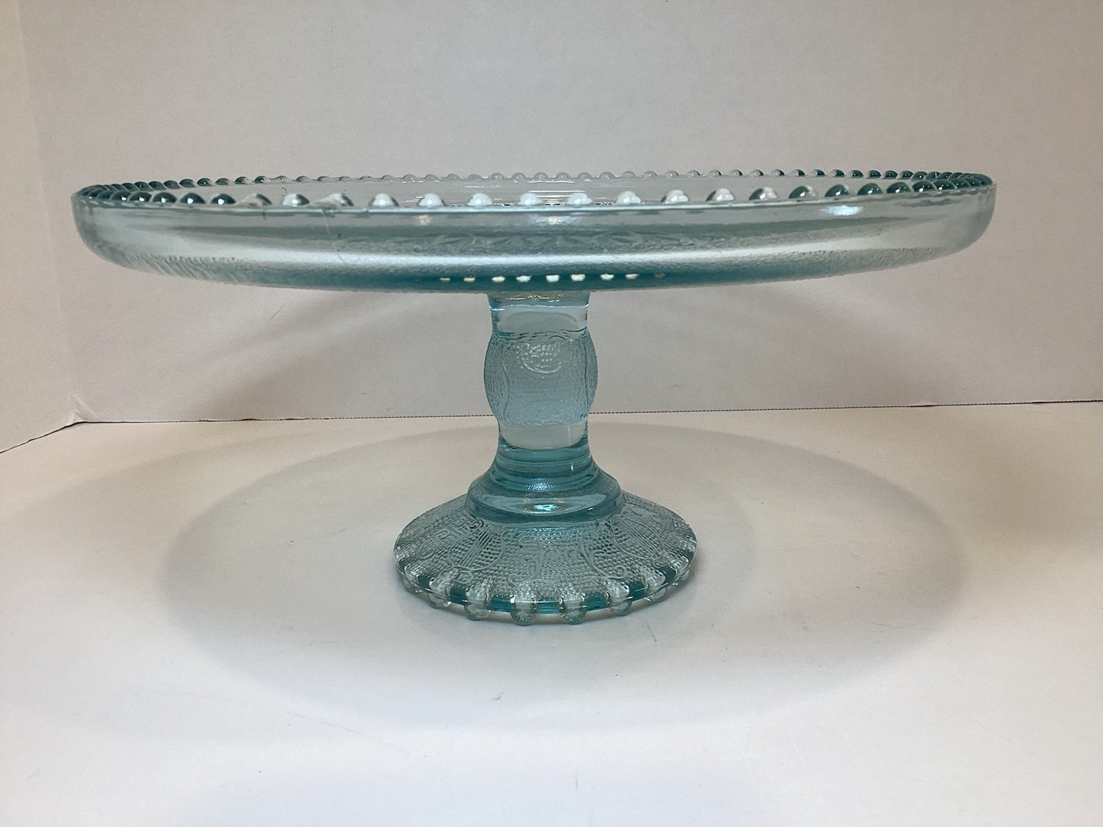 Jeannette Ice Blue Glass Harp Beaded Edge Pedestal Cake Stand 10” **READ**