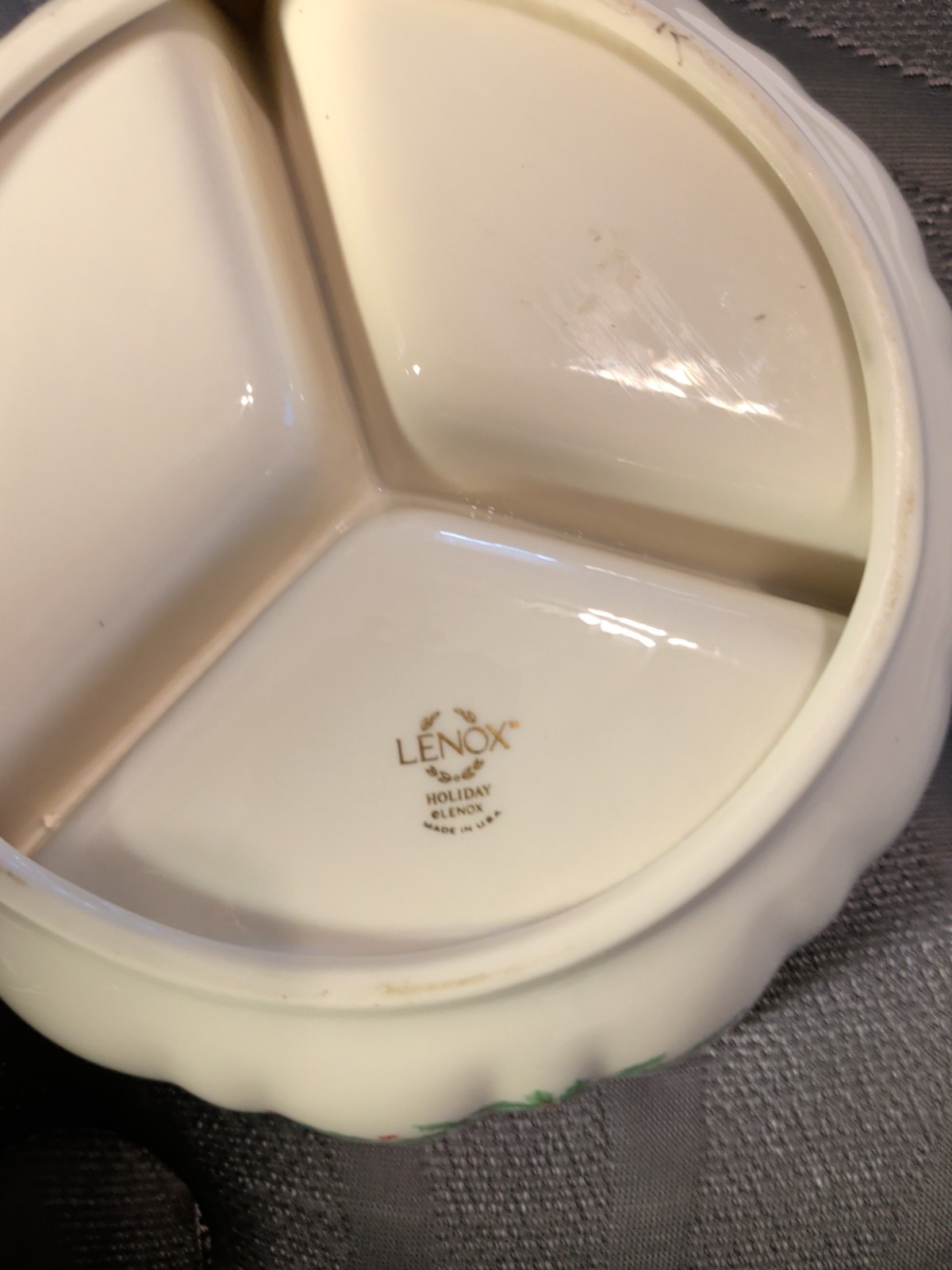 Lenox Holiday 3 Section Divided Relish Dish Ivory Gold Trim Christmas Server