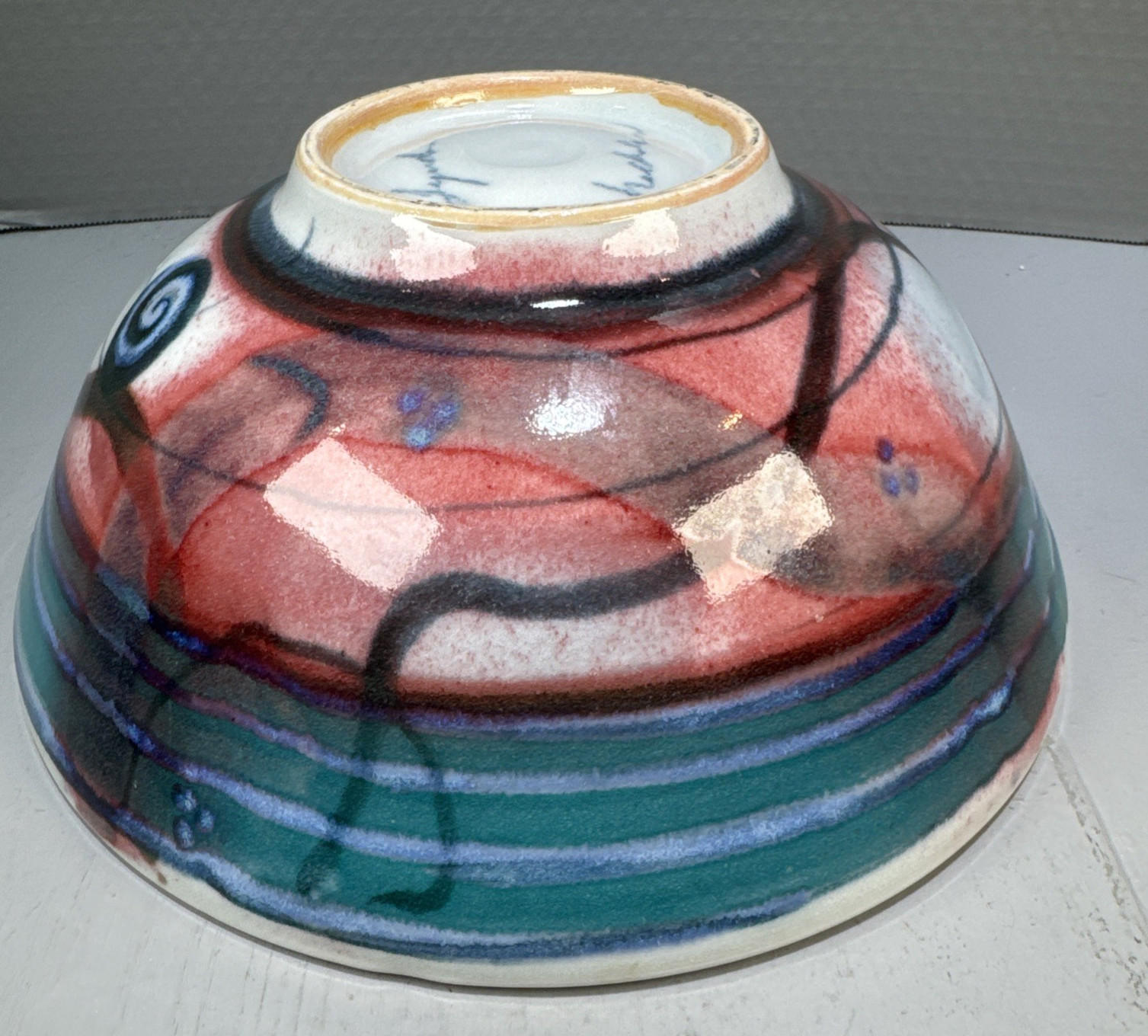 Studio Art Pottery Abstract Design Colorful Blue Green Red Artisan Signed 10″