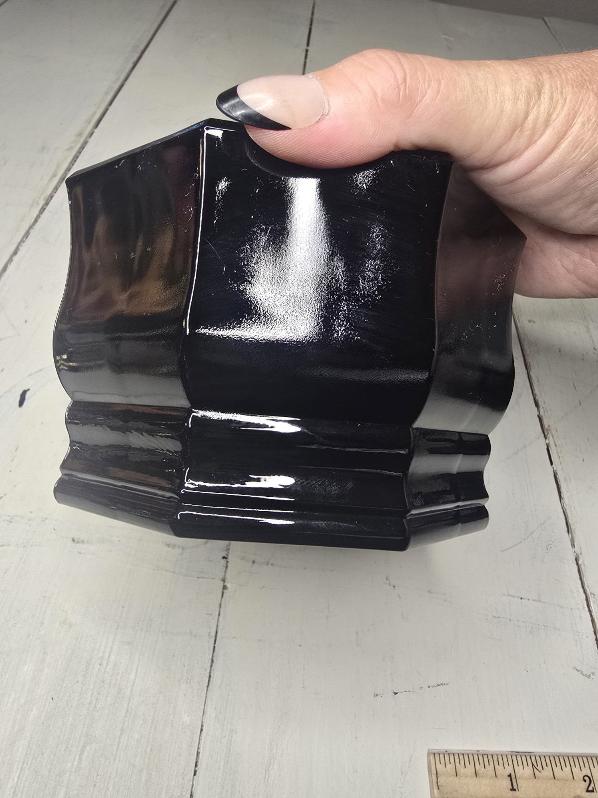L.E. Smith Black Amethyst Glass Octagon Covered Candy Jar