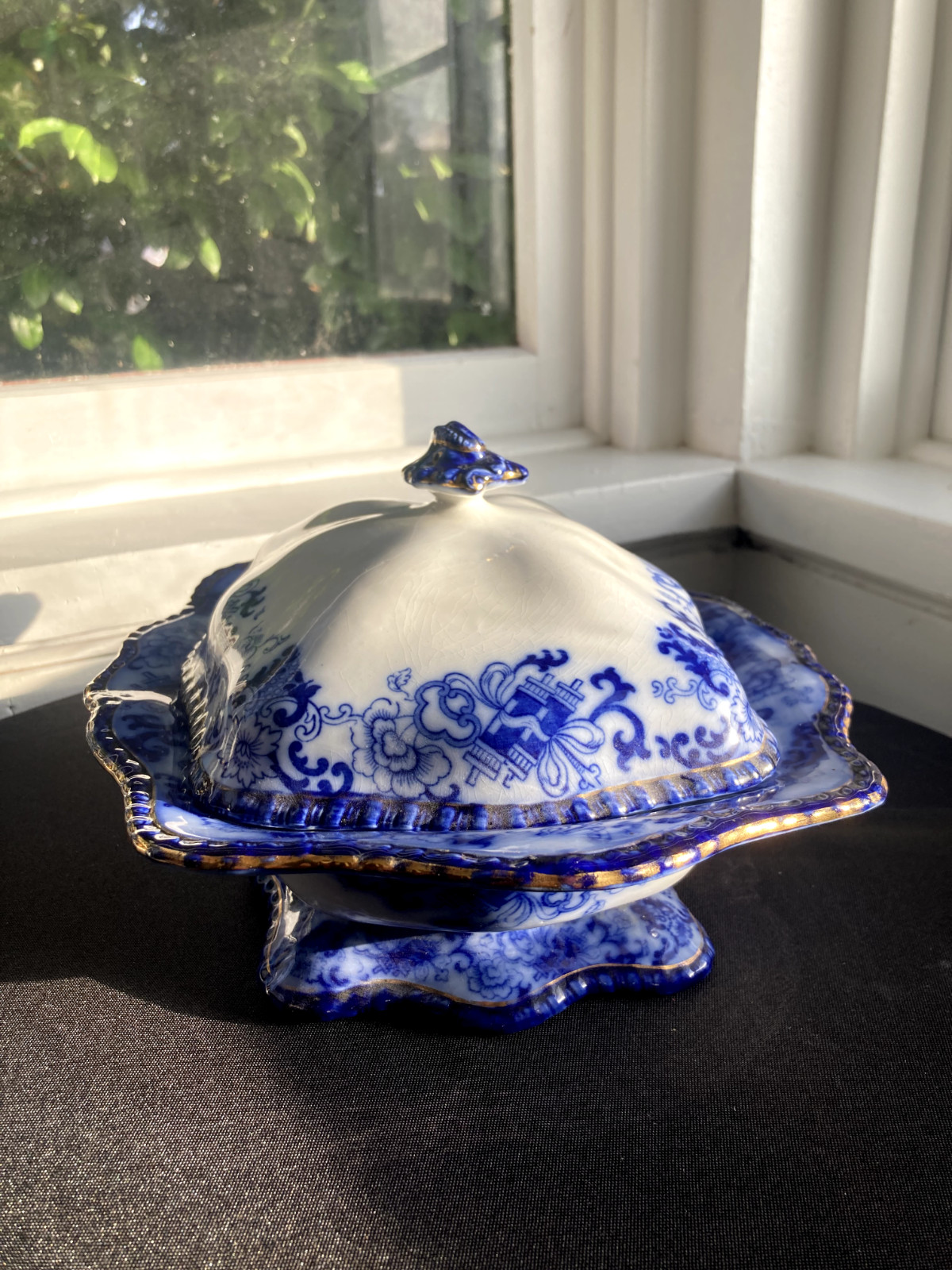 Antique Royal Doulton Flow Blue Oval Covered Vegetable Nankin Porcelain England