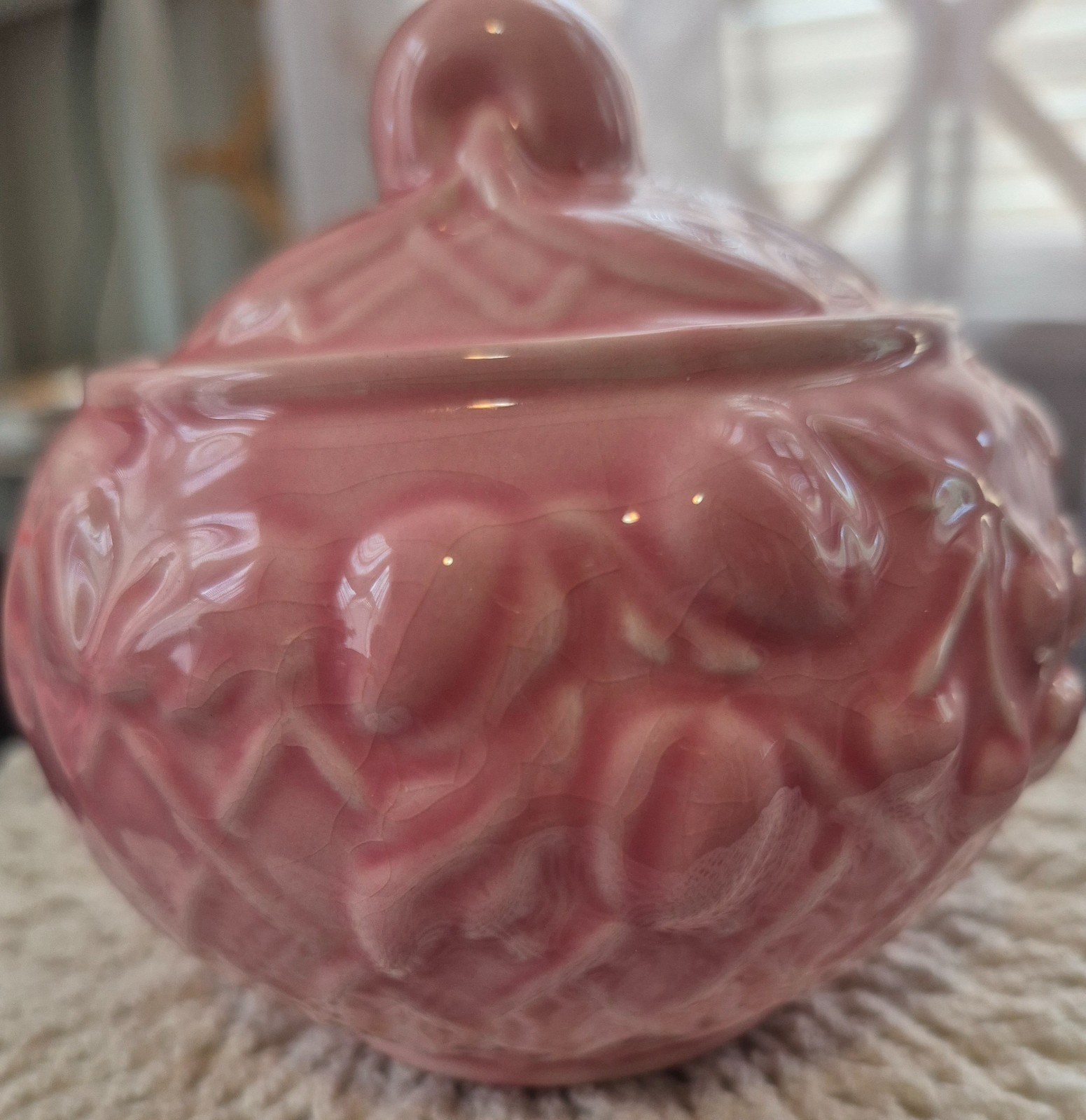 Wade glazed ceramic Pink Fruit Basket Creamer and Sugar Bowl with lid