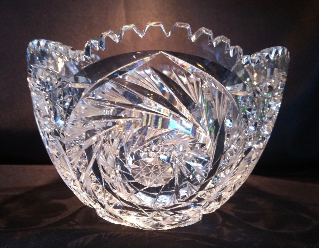 Cut Glass Bowl Intaglio: 11 5/8″ L x 7 1/2 W x 4 1/2″ H