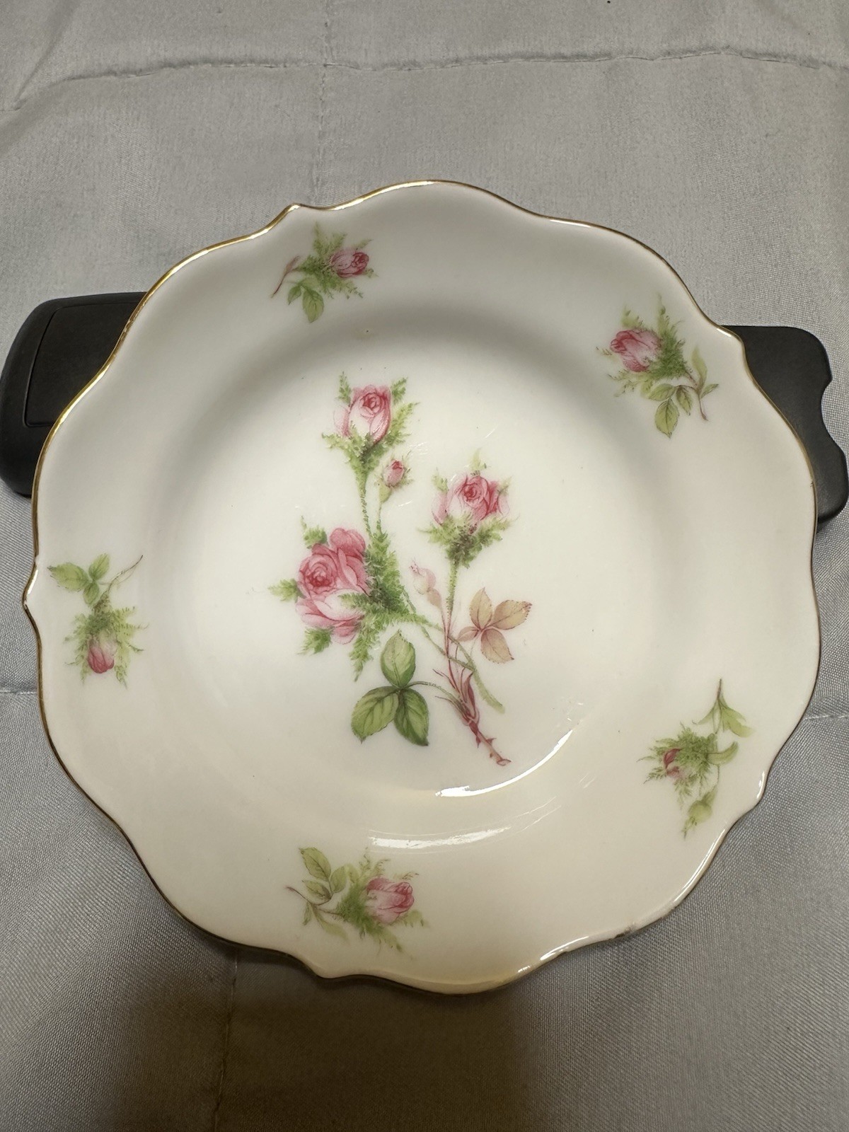 Lindner Moosrose Floral Porcelain trinket Bowl Handmade W. Germany Gold Trim