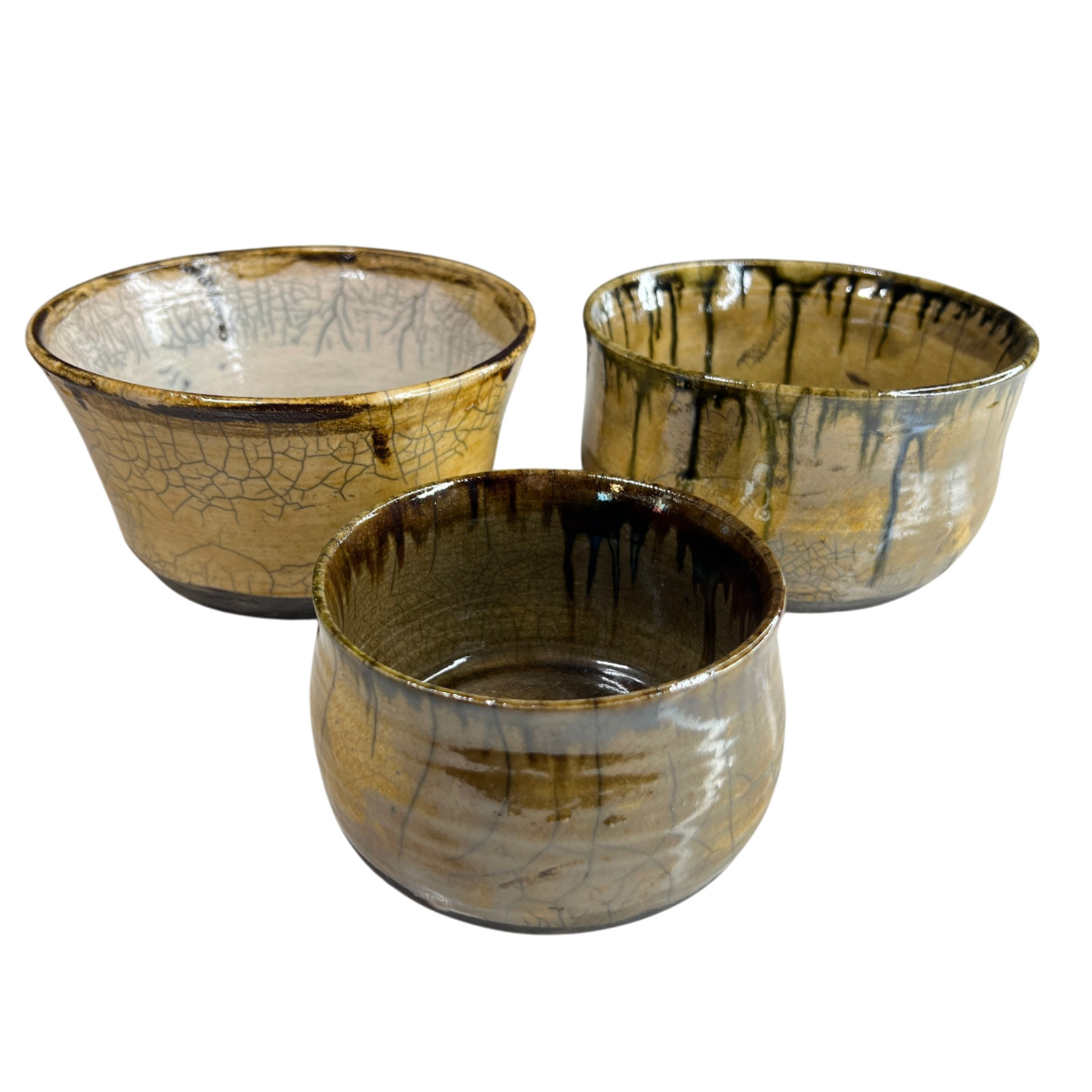 Handmade Studio Pottery Bowl Set 3 Signed Alyce Drip Glaze Ceramic