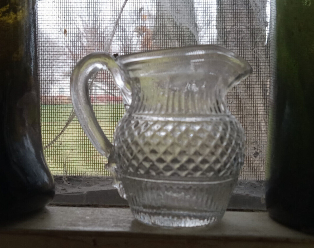 1830s EARLY 3 MOLD BLOWN TOY CREAMER DIAMOND HOBNAIL BOSTON & SANDWICH GLASS CO