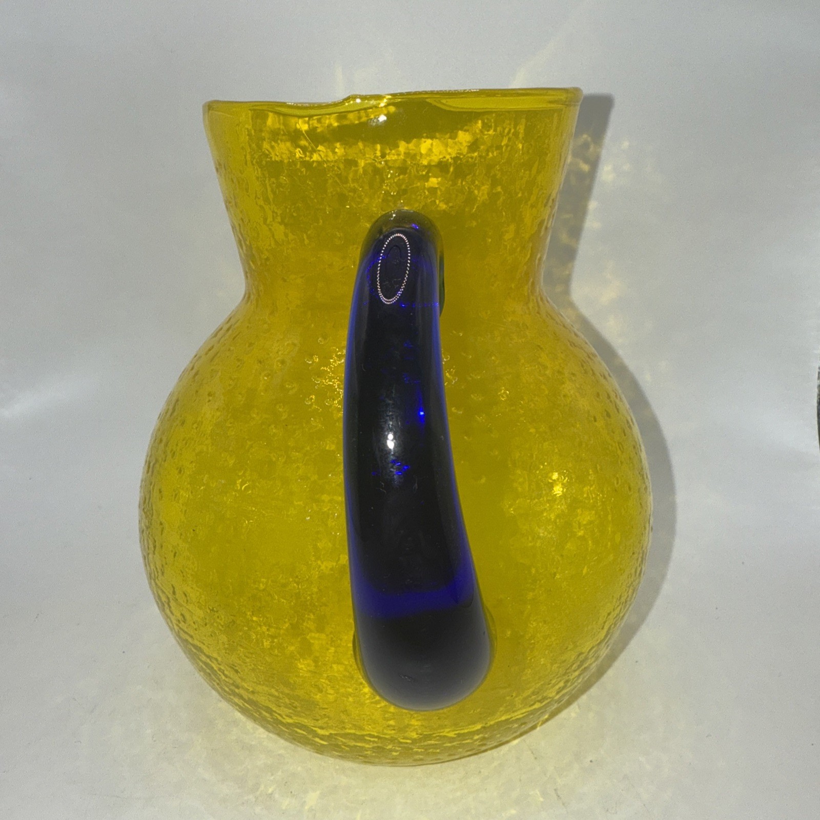 Lemon Yellow Glass Juice Pitcher w/Cobalt Blue Handle Bubble Texture 7”Hx 6”W