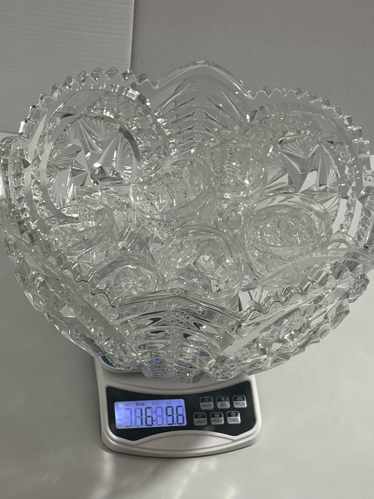 Vtg Rare Pattern Glass Pres Cut Punch Bowl Set LE Smith Stars Feather Horseshoe?