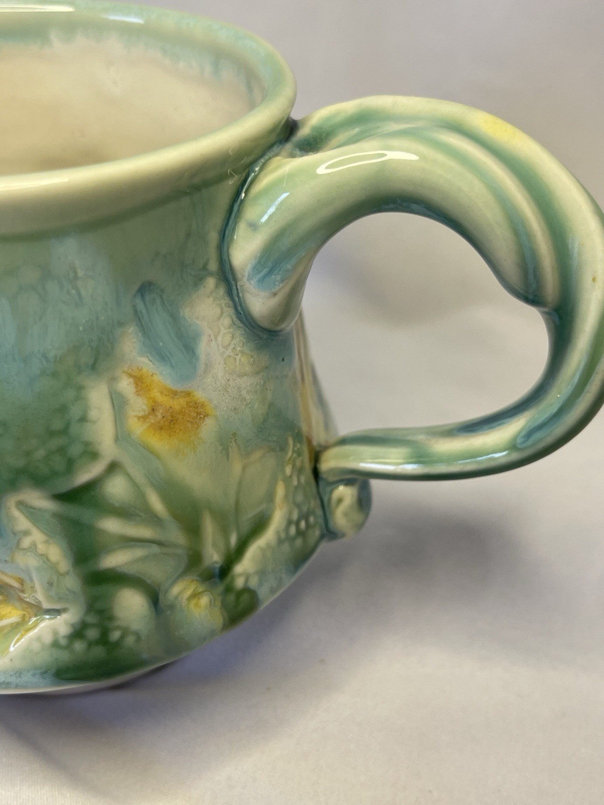 Handmade Studio Art Pottery Mug Leaf Imprint Green Drip Glaze signed by artist