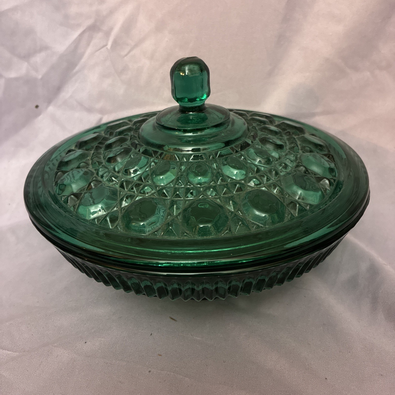 Indiana Glass Windsor Button Cane Emerald Green Covered Candy Dish Vintage