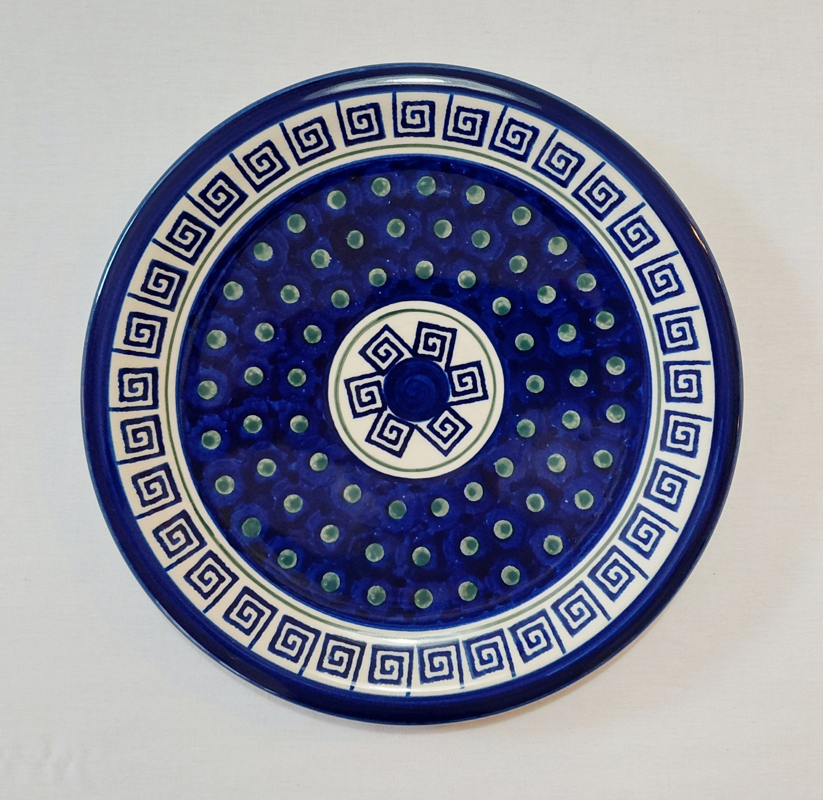 Boleslawiec Dinner Plates 11″ Greek Key Peacock Polish Pottery Blue White Set 4