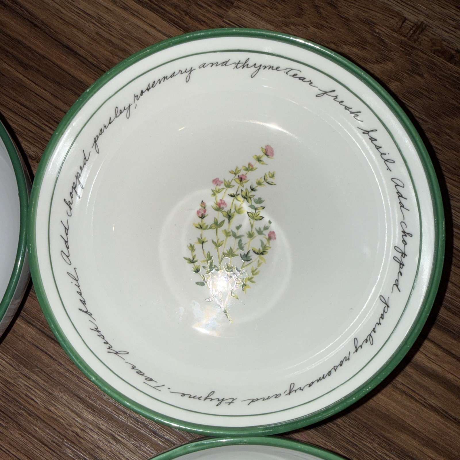 Gibson Herb Gardens Bowl Set: 4 bowls 7.25in and 1 bowl 10in Recipe Script Rim