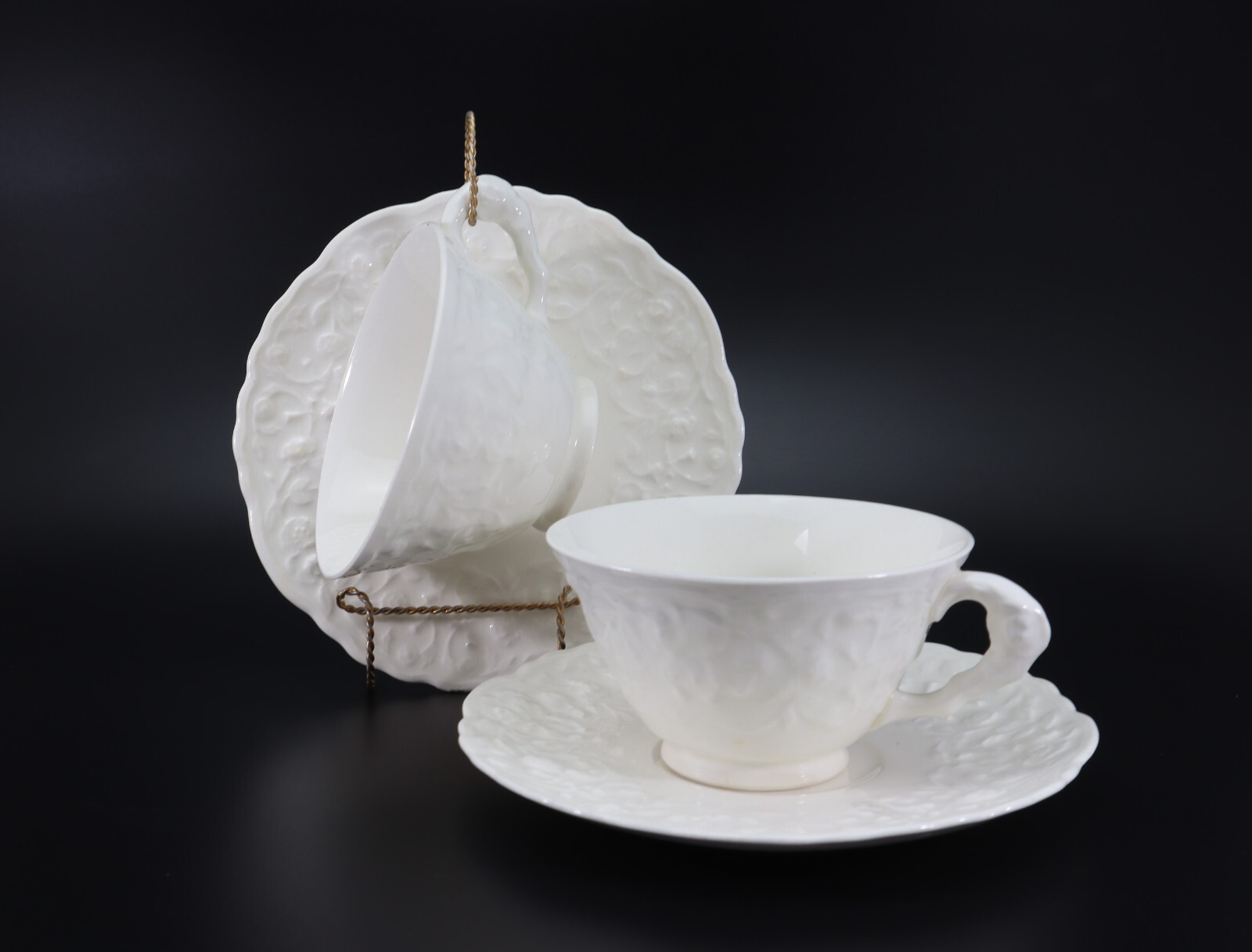 Pope Gosser Rose Point CUP & SAUCER Set of 2 White with Raised Roses Vintage USA