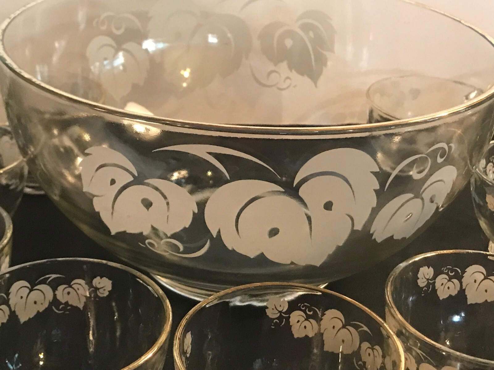 Vintage Glass Gooseberries Print Punch Bowl Set White Leaves with Gold Rim