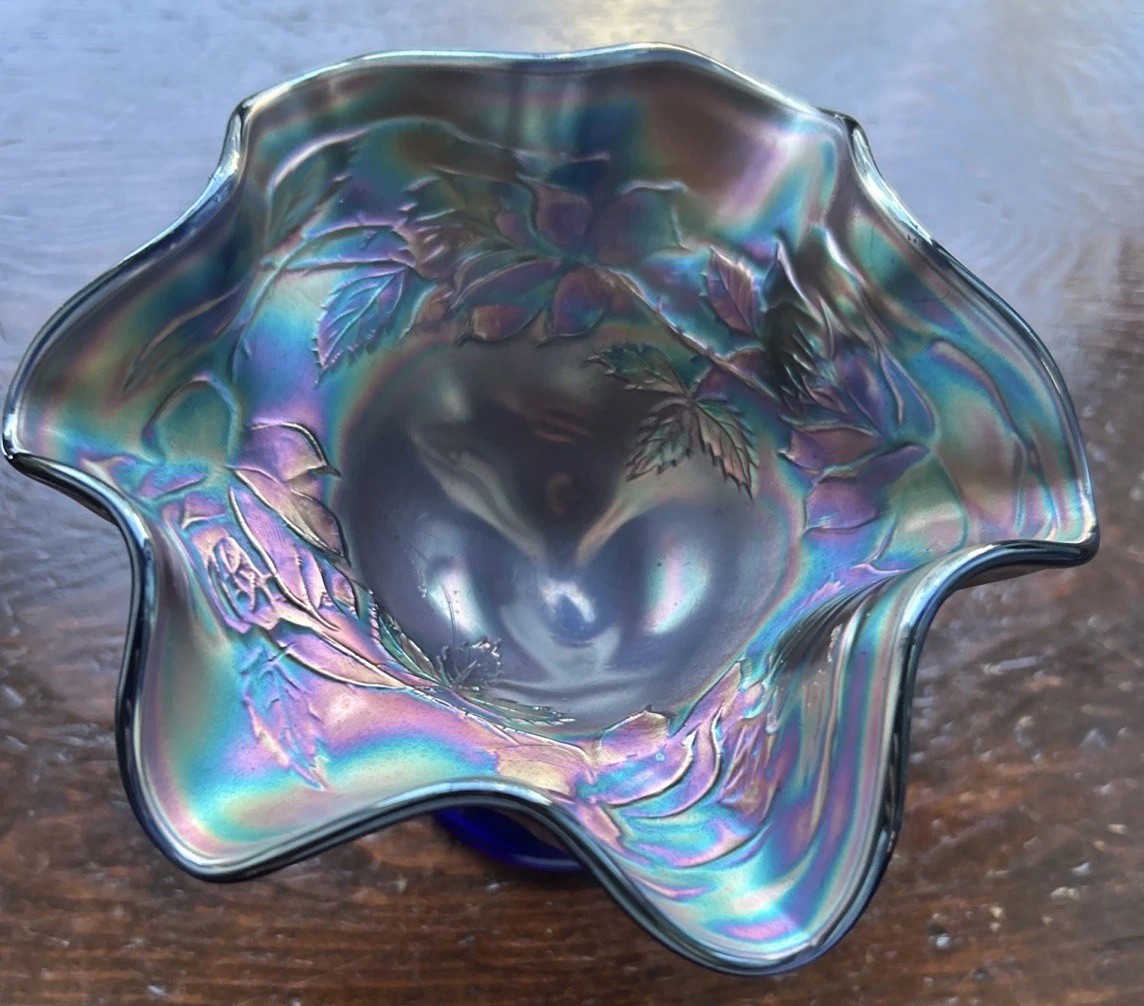 Fenton Antique Cobalt Blue Carnival Glass Pedestal Dish Ruffled Edge Roses