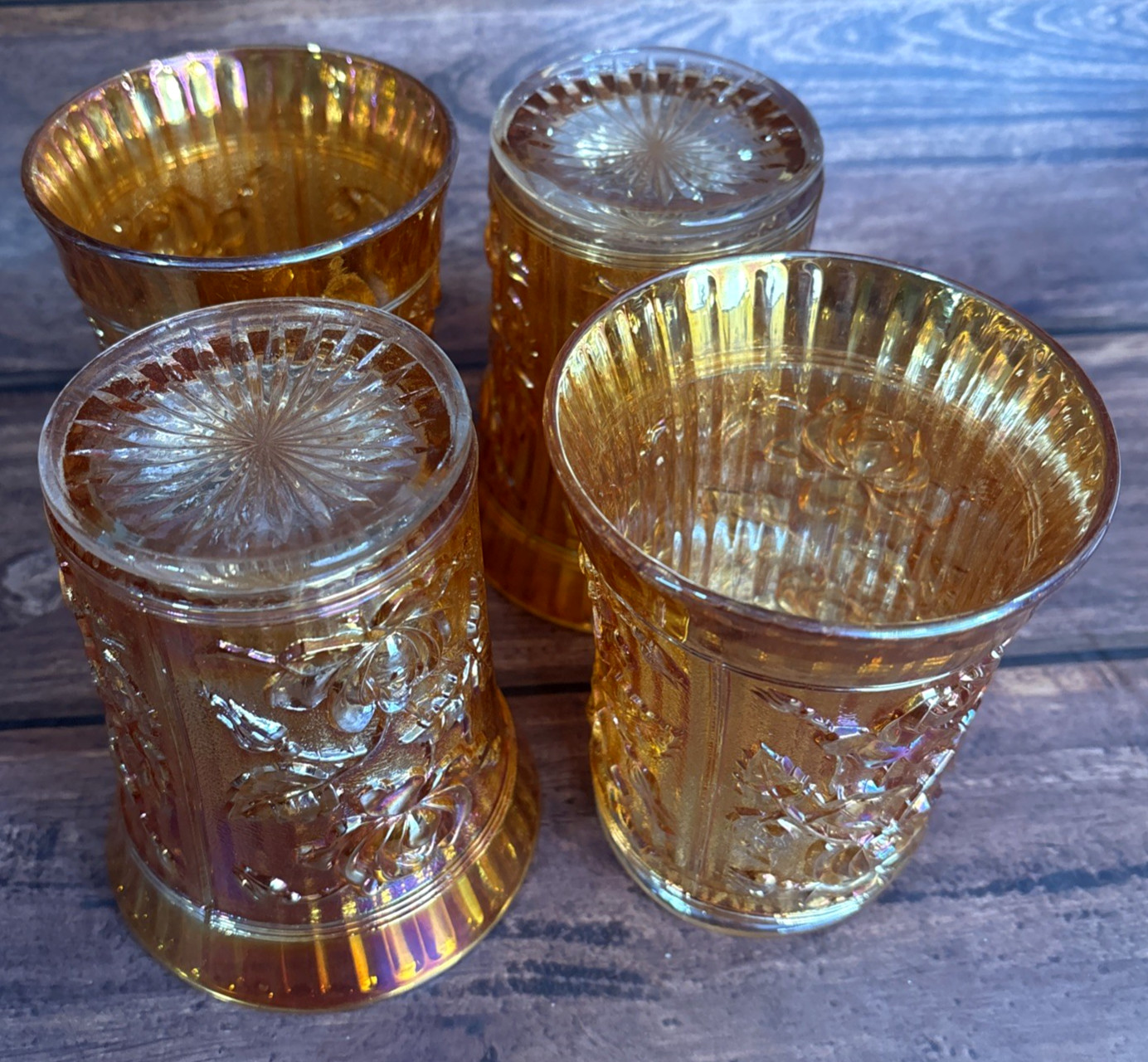 Vintage Imperial Marigold Carnival Glass Water Pitcher With Set of Four Glasses