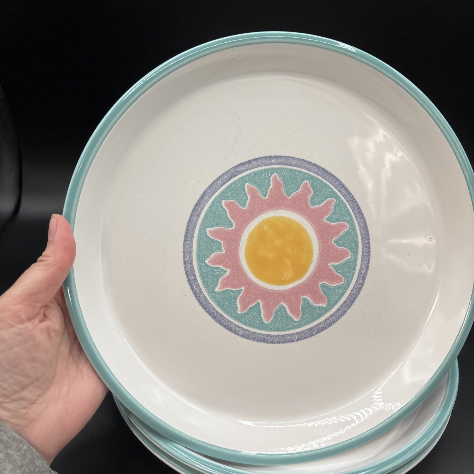 Set Of 5 Dansk Japan COSTA DEL SOL Dinner Plates 10 3/8″ Pink & Yellow Sunburst
