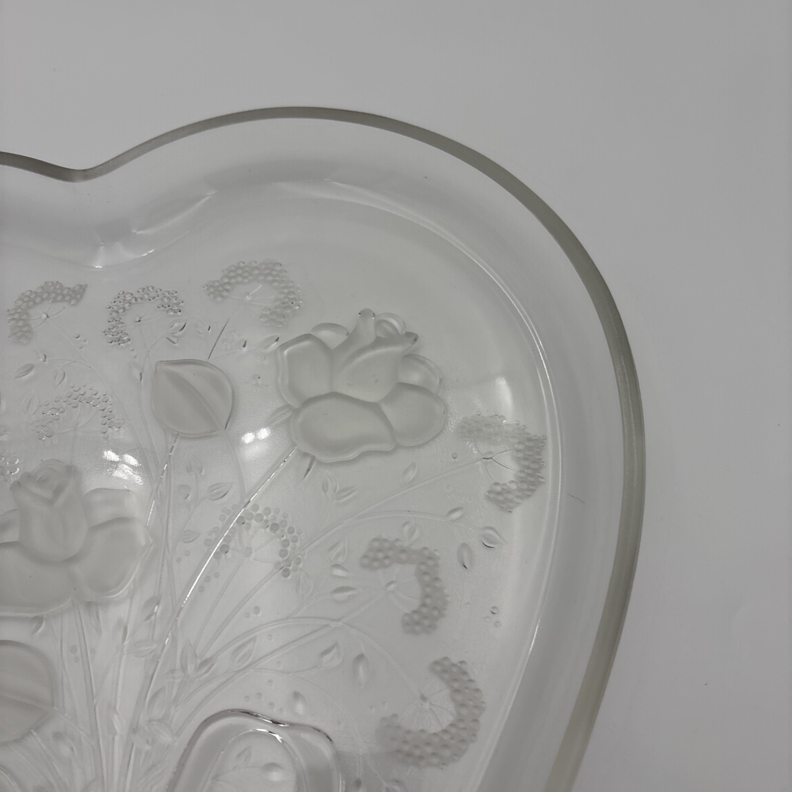 Vintage Mikasa Crystal Heart Shaped Serving Tray Pink Rose Bouquet and Bow 1980