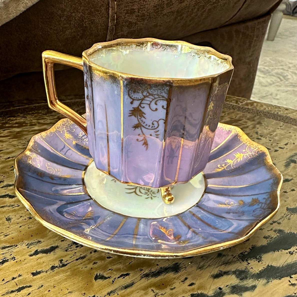 Branco Ceramics Purple White Gold Floral Ceramic Cup & Saucer Set Handle