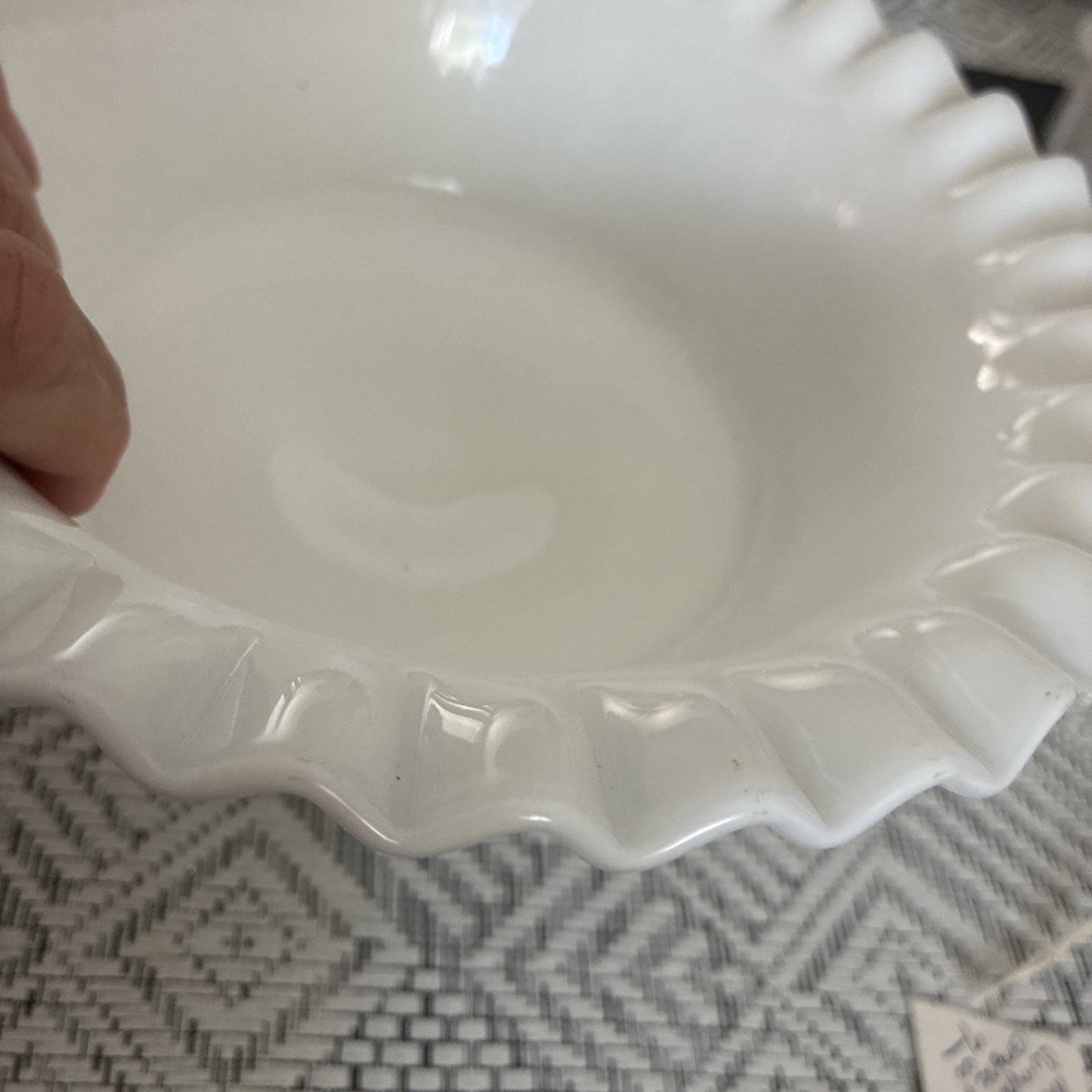 Ruffled Edge Milk glass Pedestal Fruit Bowl 8”